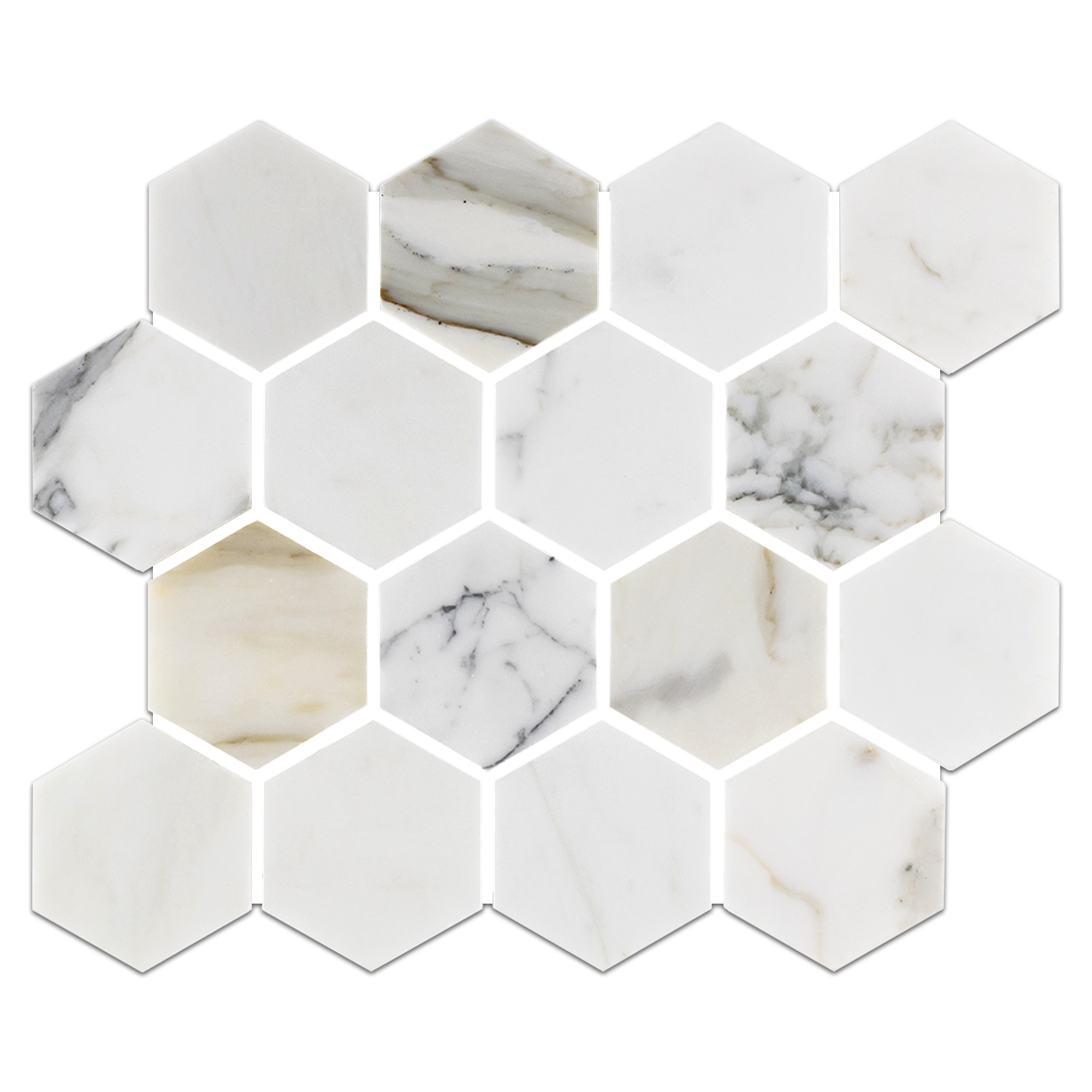 Elon Calacatta Gold Marble 3" Hexagon Mosaic Tile, Polished Finish, for Elegant Wall & Floor Designs