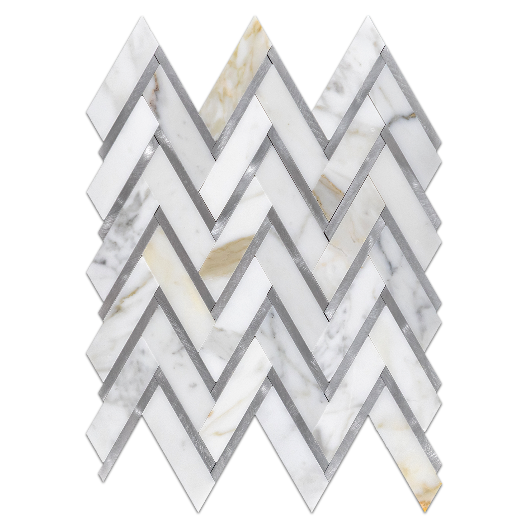 Alt text: "Elon Calacatta Gold and Silver Aluminum Marble Herringbone Mosaic Tile, 11x13 inch, Polished Finish, available at Surface Group International."