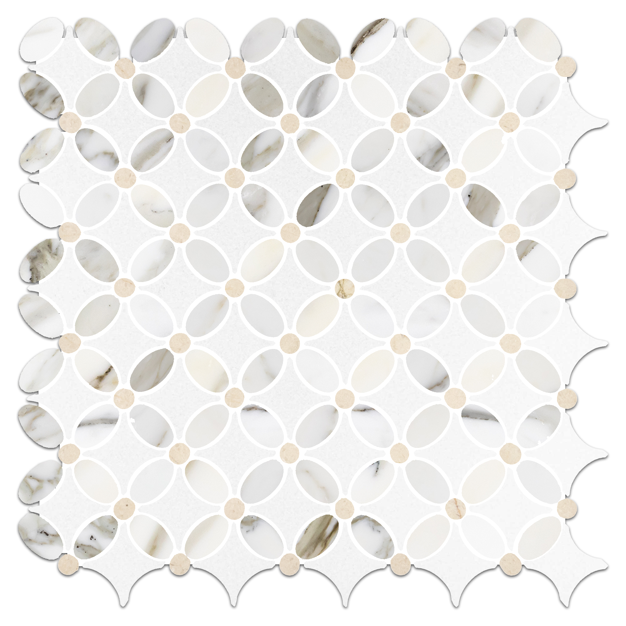 Elon Calacatta Gold, White Thassos & Crema Marfil Marble Fleur Field Mosaic Tile, 13.125x13.125", Honed Finish - Surface Group