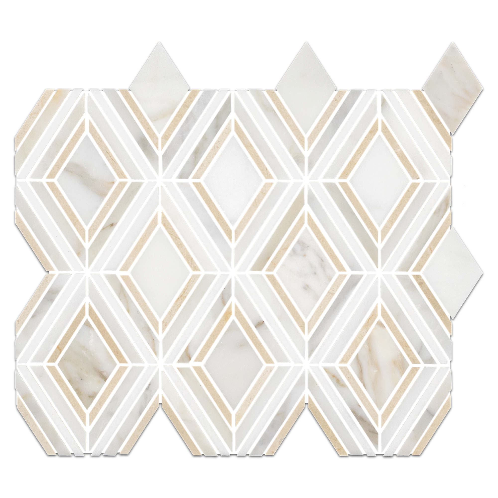 Elon Calacatta Gold, White Thassos & Crema Marfil Marble Outlined Rhomboid Field Mosaic Tile, 11.125x13", Honed Finish - AM2112H