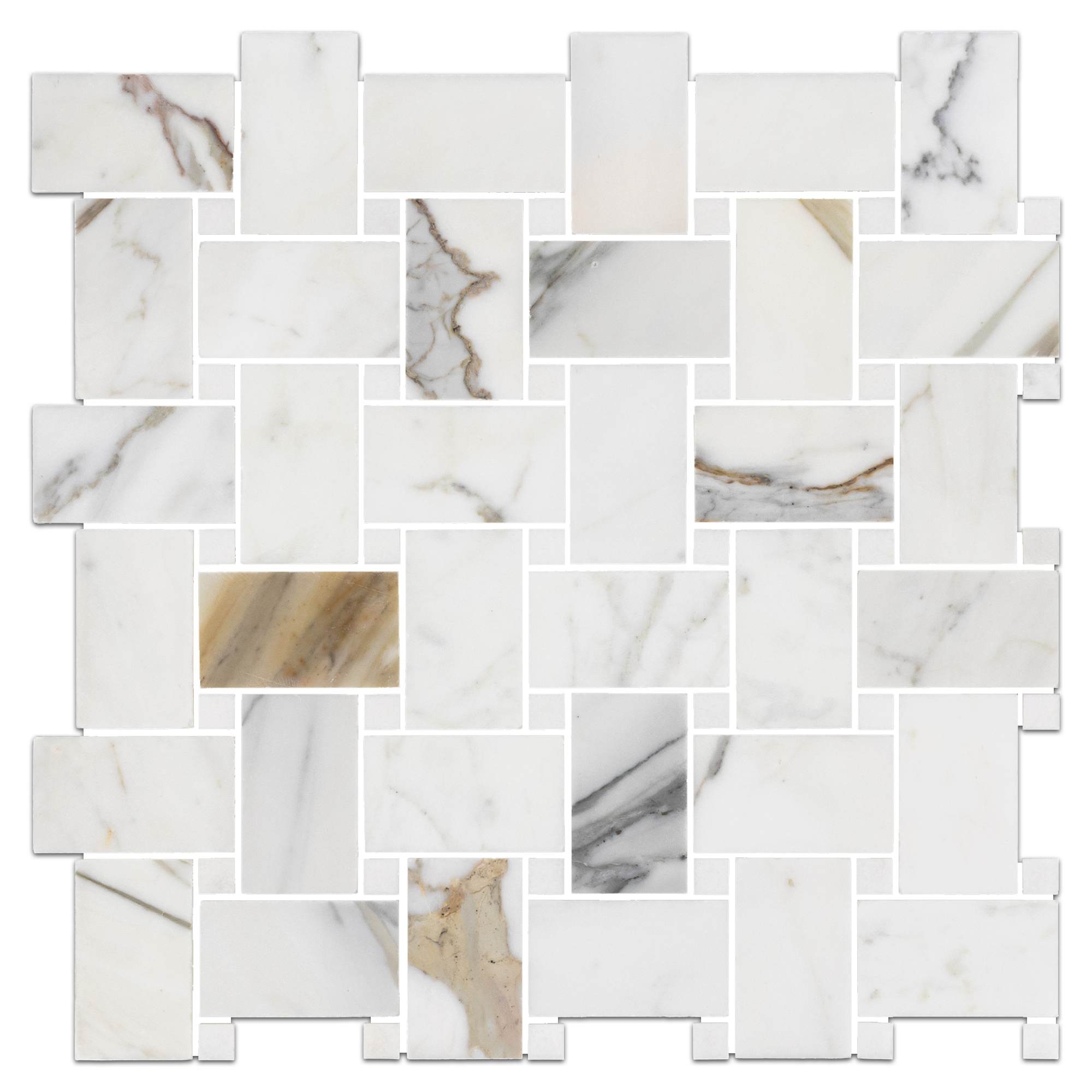 Elon Calacatta Gold White Thassos Marble Stone Blend Basketweave Field Mosaic 15.75x15.75x0.375 Honed - Surface Group International Product