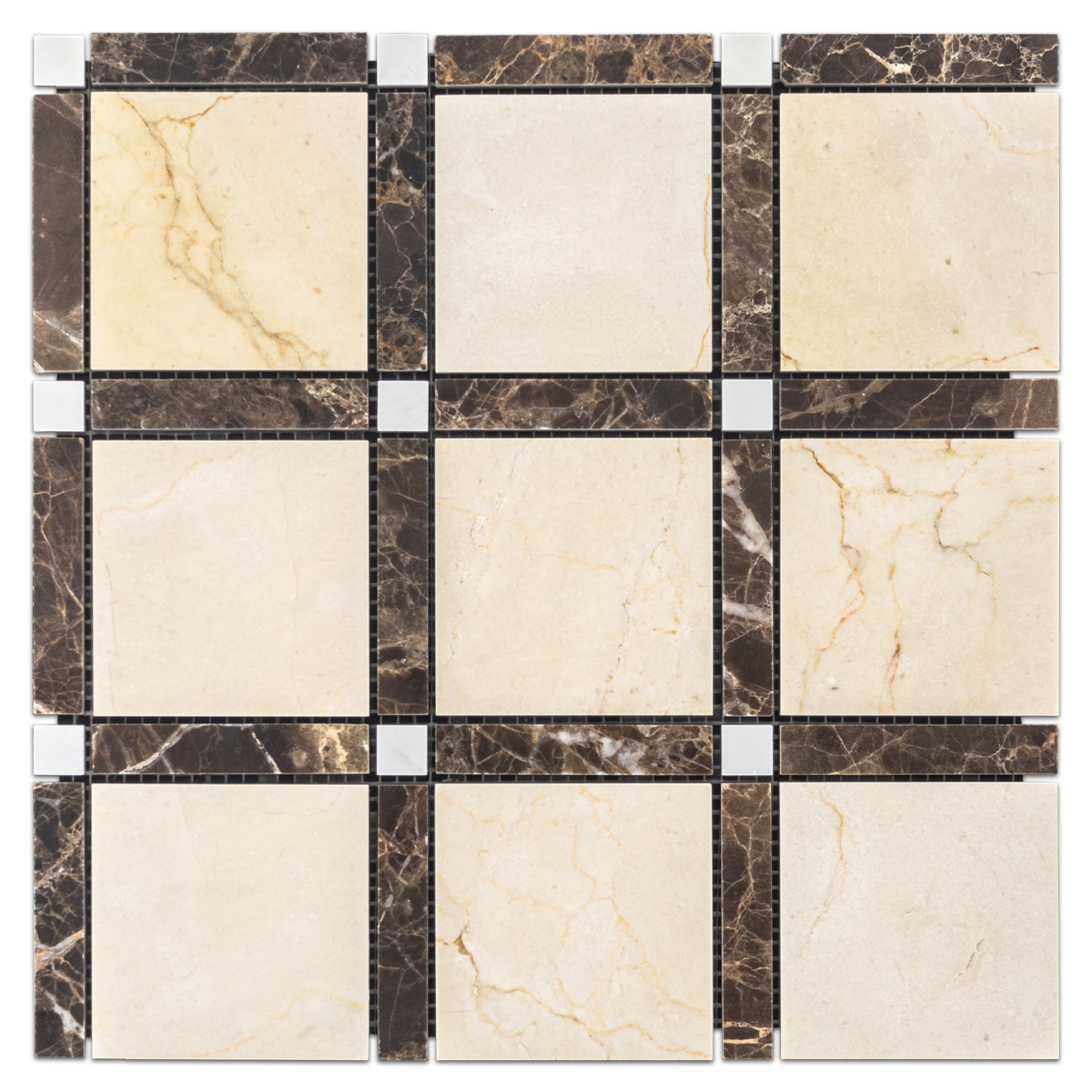 Elon Crema Marfil Emperador Dark Pearl White Marble Bordered Straight Stack Field Mosaic 12x12x0.375 Polished Tile by Surface Group International