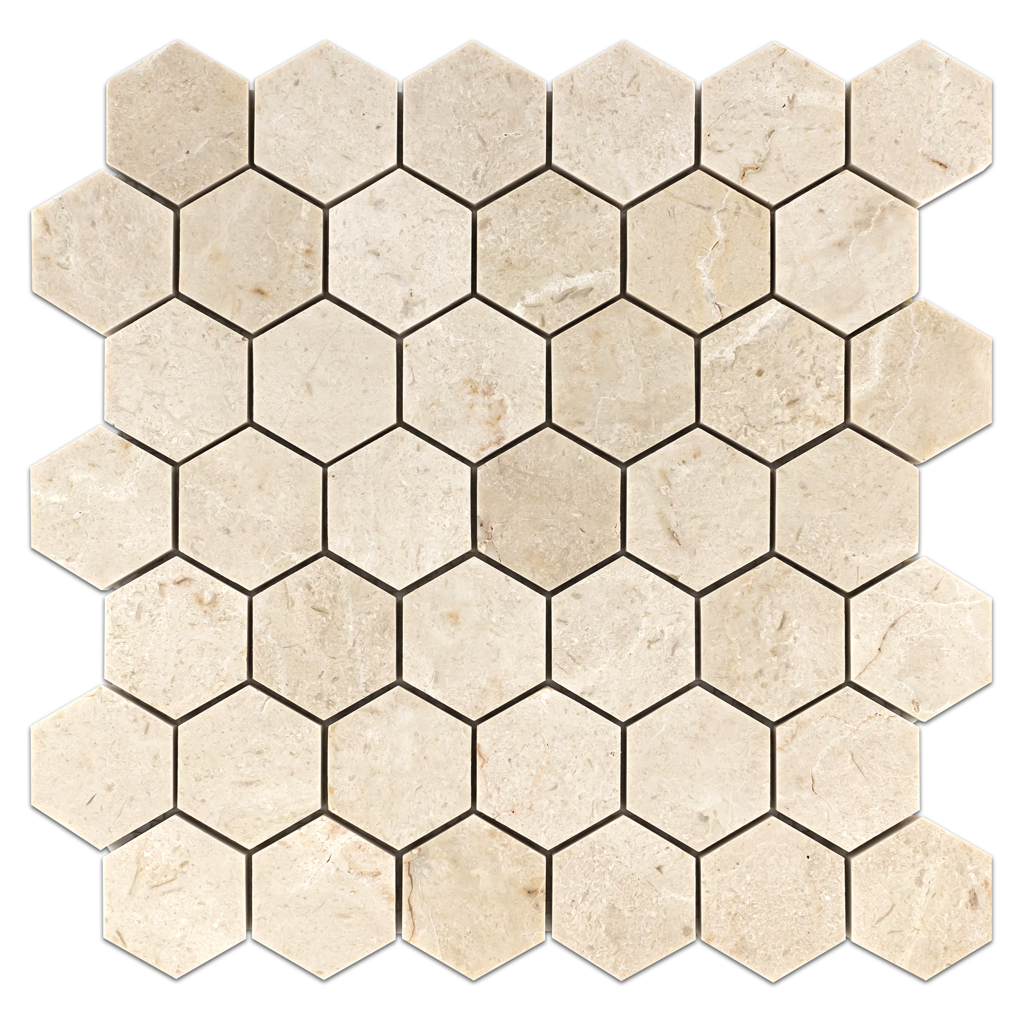 Elon Crema Marfil Marble 2-inch Hexagon Mosaic Tile, Polished Finish, for Elegant Wall & Floor Designs.