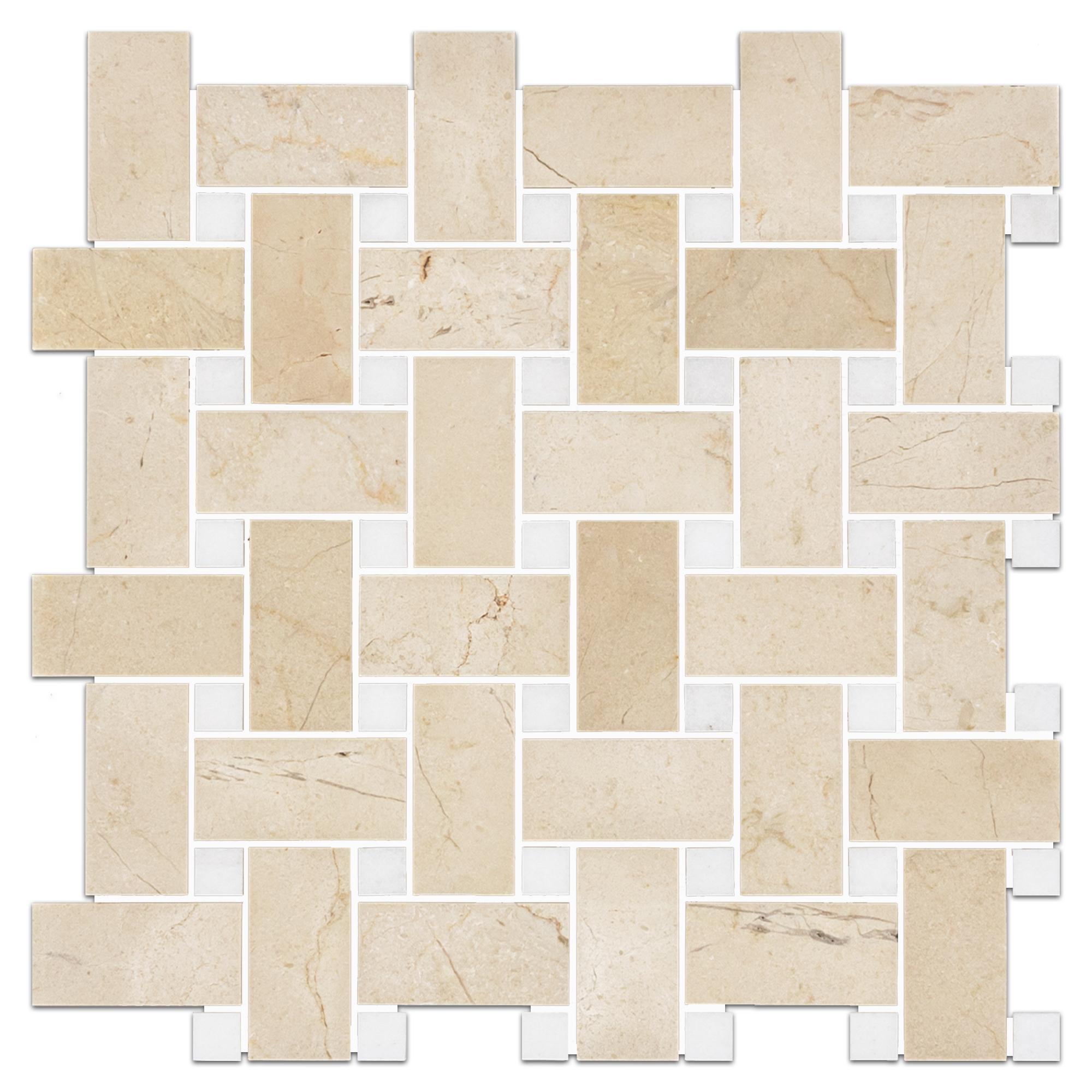 Elon Crema Marfil White Thassos Marble Stone Blend Basketweave Field Mosaic 12x12x0.375 Honed - Surface Group International