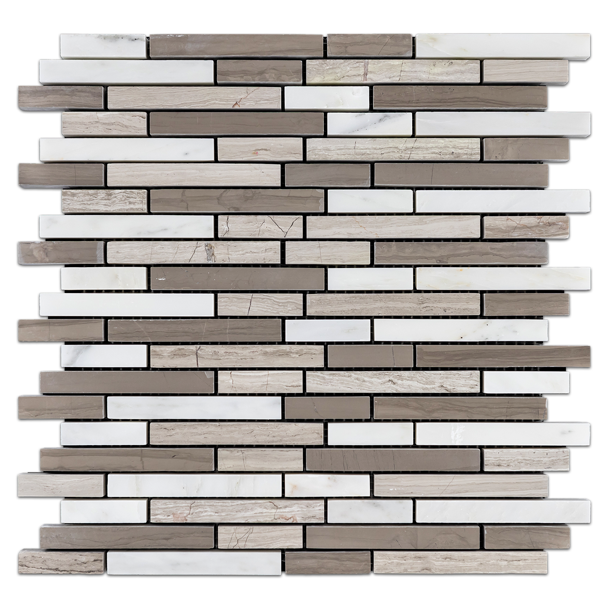 Elon Driftwood Pearl White Marble Random Strip Field Mosaic 11.75x12x0.375 Honed - Surface Group International