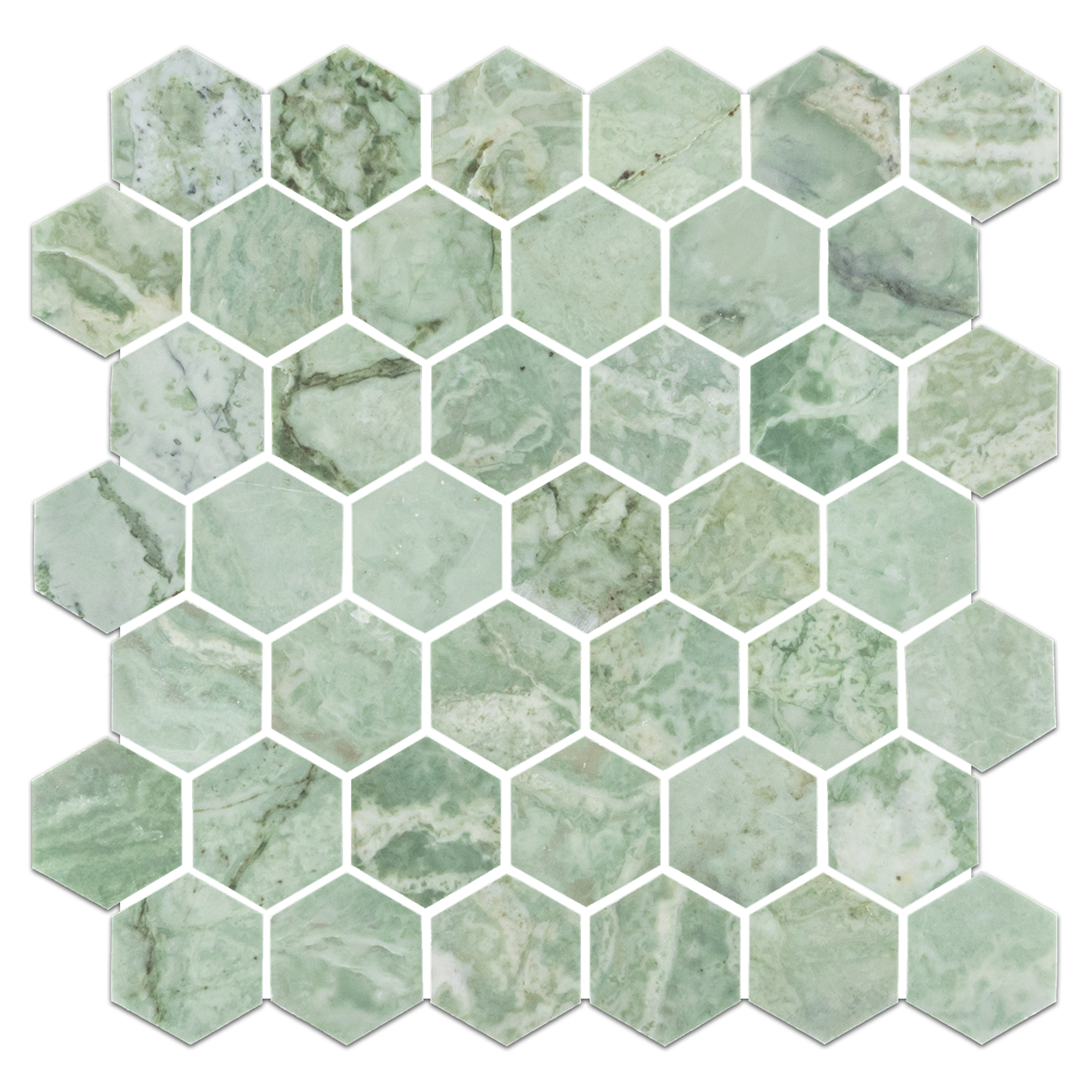 Elon Emerald Green Marble 2 Hexagon Field Mosaic 11.75x11.9375x0.375 Honed Tile - Surface Group Online