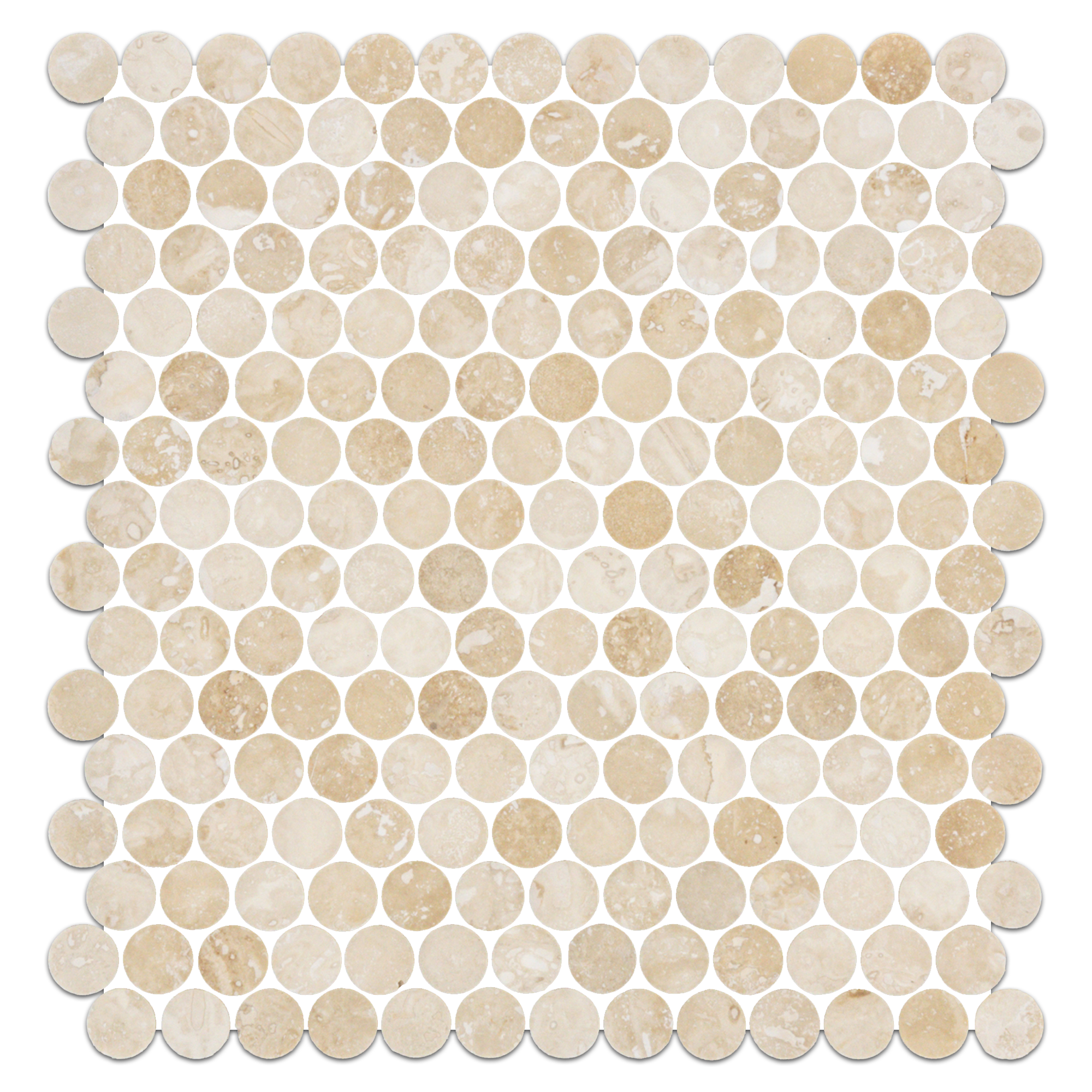 Elon Ivory Light Cross Cut Travertine Penny Rounds Field Mosaic Tile 11.5625x12.875x0.375 Honed - Surface Group International