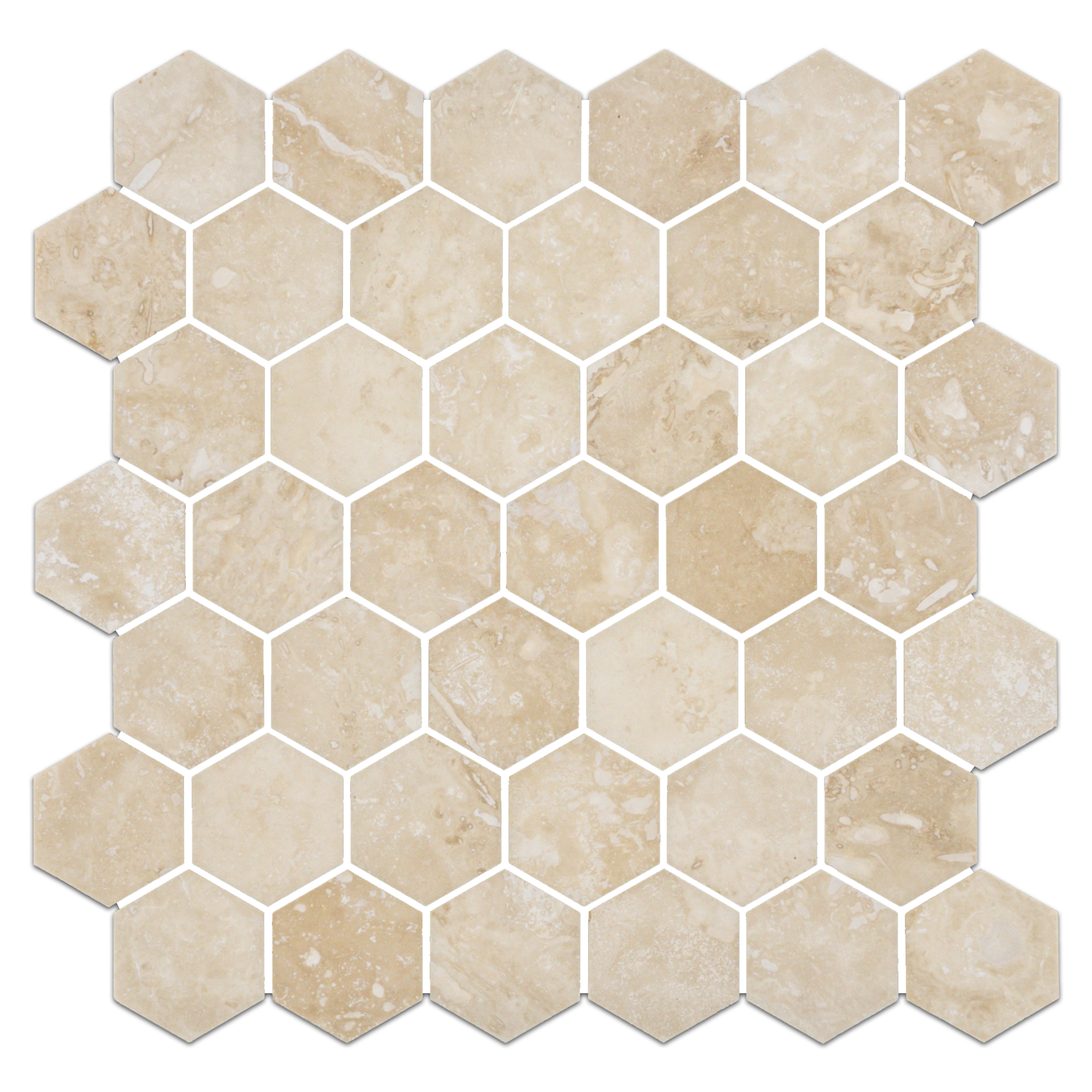 Elon Ivory Light Cross Cut Travertine Hexagon Field Mosaic Tile 11.75x11.9375x0.375 Honed - Surface Group International