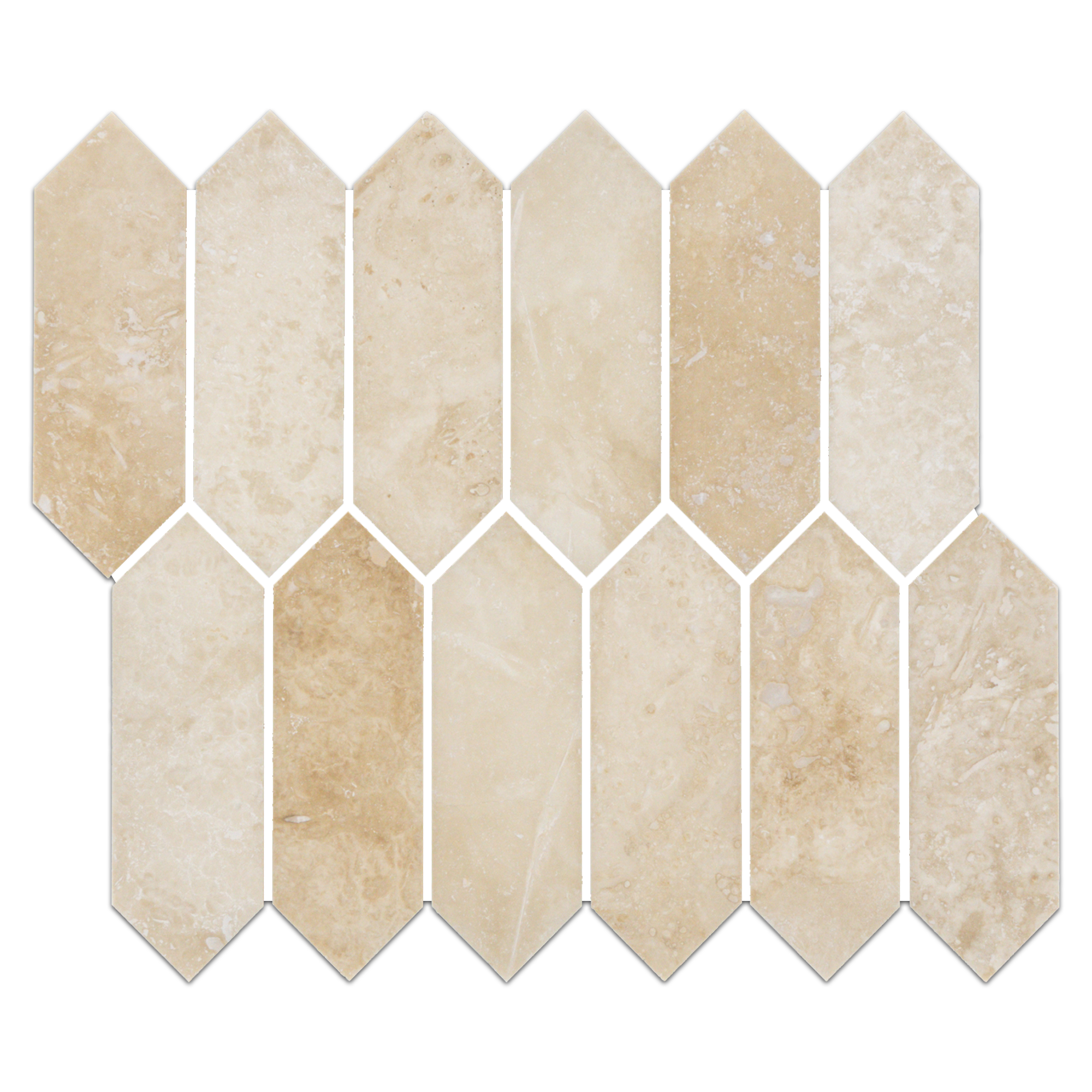 Elon Ivory Light Cross Cut Travertine Picket Field Mosaic 2x6x0.375 Honed - Surface Group International