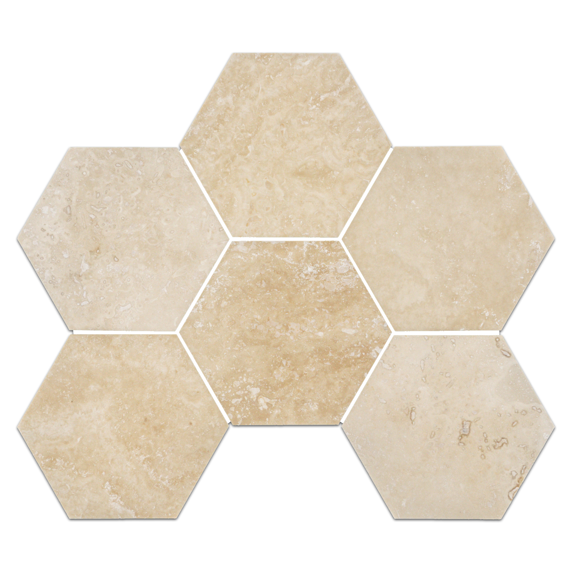 Elon Ivory Light Cross Cut Travertine Hexagon Field Mosaic Tile 11.625x13.625 Honed - Surface Group Online Tile Store