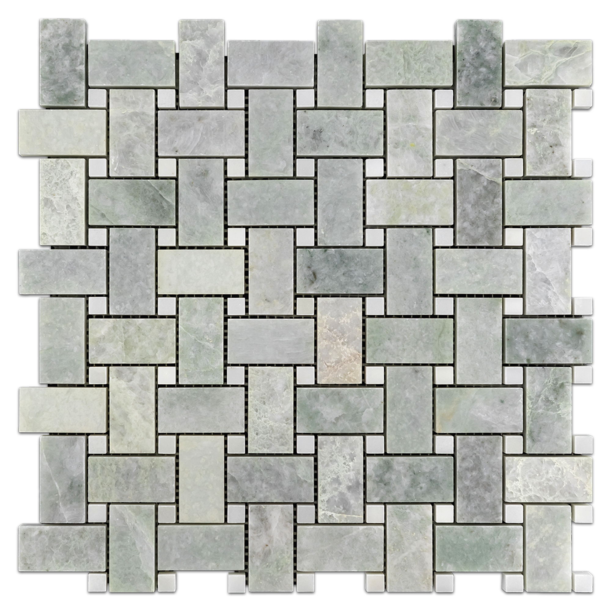 Elon Ming Green Absolute White Marble Stone Blend Basketweave Field Mosaic 12x12x0.375 Honed - Surface Group International Product