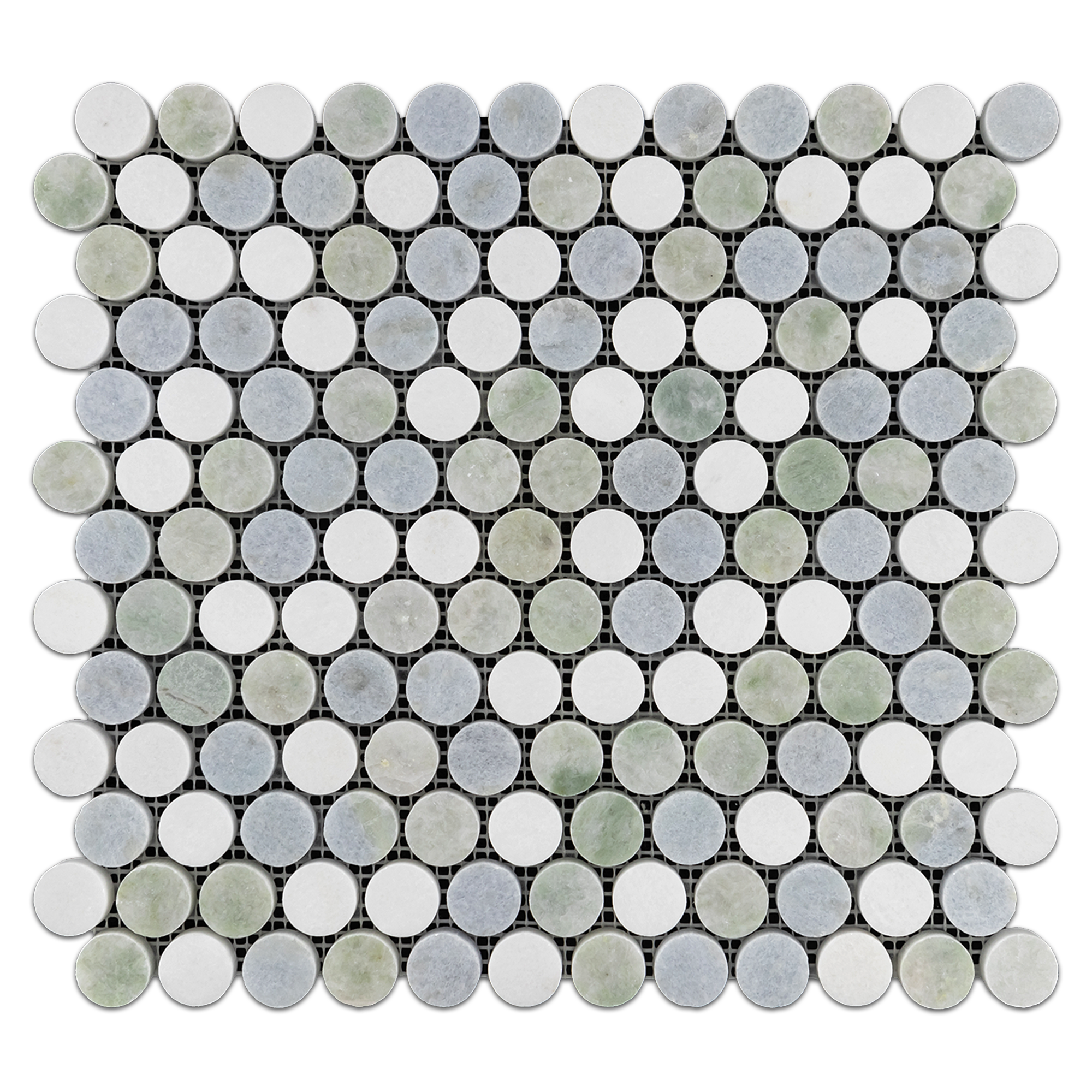 Elon Ming Green White Thassos Blue Celeste Marble Stone Blend Penny Rounds Field Mosaic 11.5625x12.875x0.375 Polished SM1008P Surface Group International Product