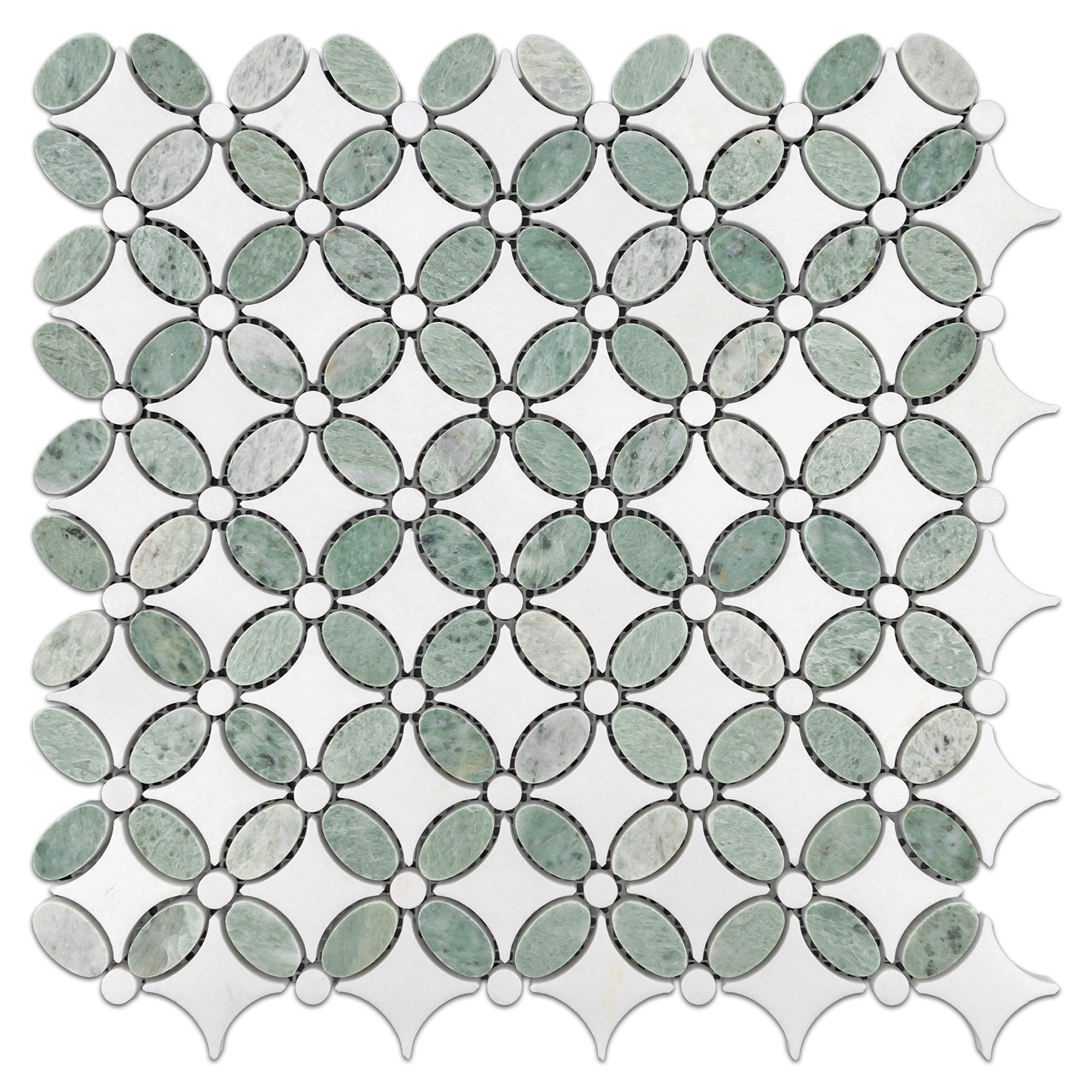 Elon Ming Green White Thassos Marble Fleur Field Mosaic Tile 13.125x13.125x0.375 Polished - Surface Group International