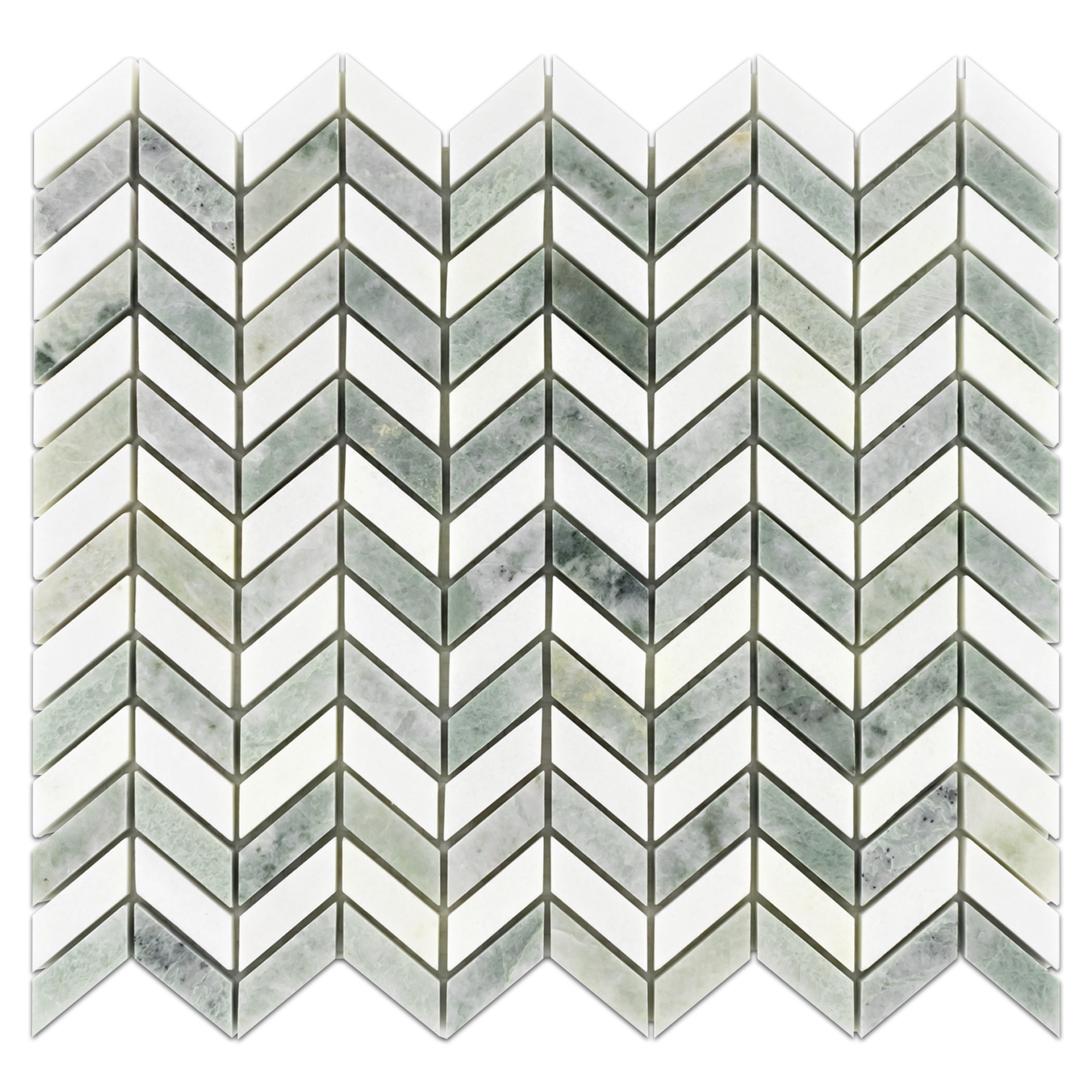 Elon Ming Green White Thassos Marble Stone Blend Chevron Field Mosaic 11.5x12.1875x0.375 Polished AM1172P Surface Group International Product