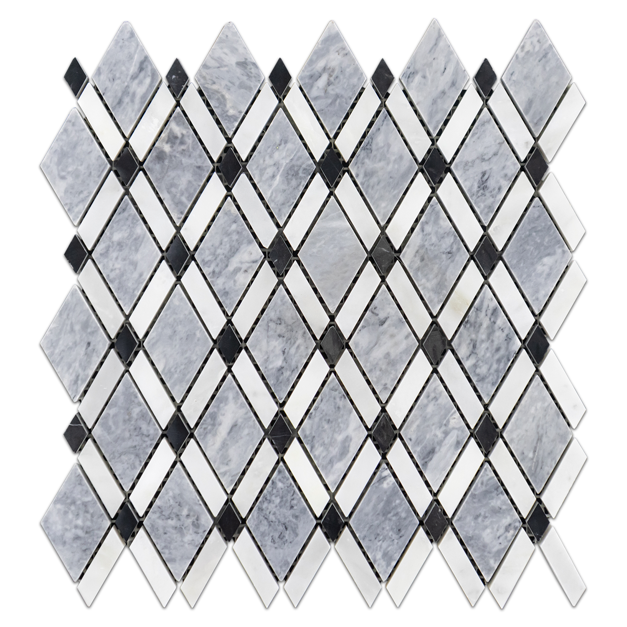 Elon Pacific Gray, Absolute White, and Black Marble Outlined Rhomboid Field Mosaic Tile 10.4375x10.75x0.375 Polished - Surface Group International Product