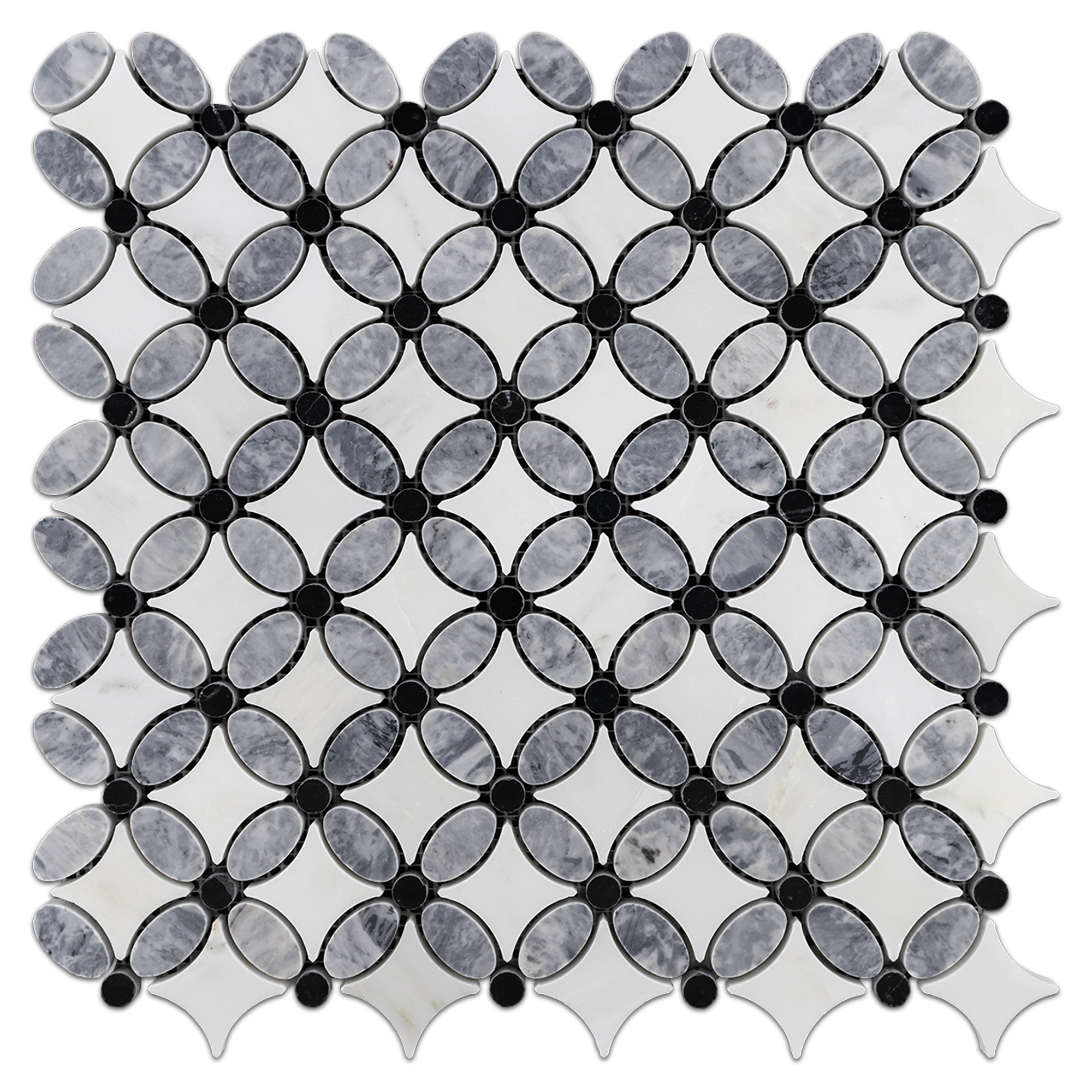 Elon Pacific Gray Pearl White Black Marble Fleur Field Mosaic Tile 13.125x13.125x0.375 Polished - Surface Group International Product