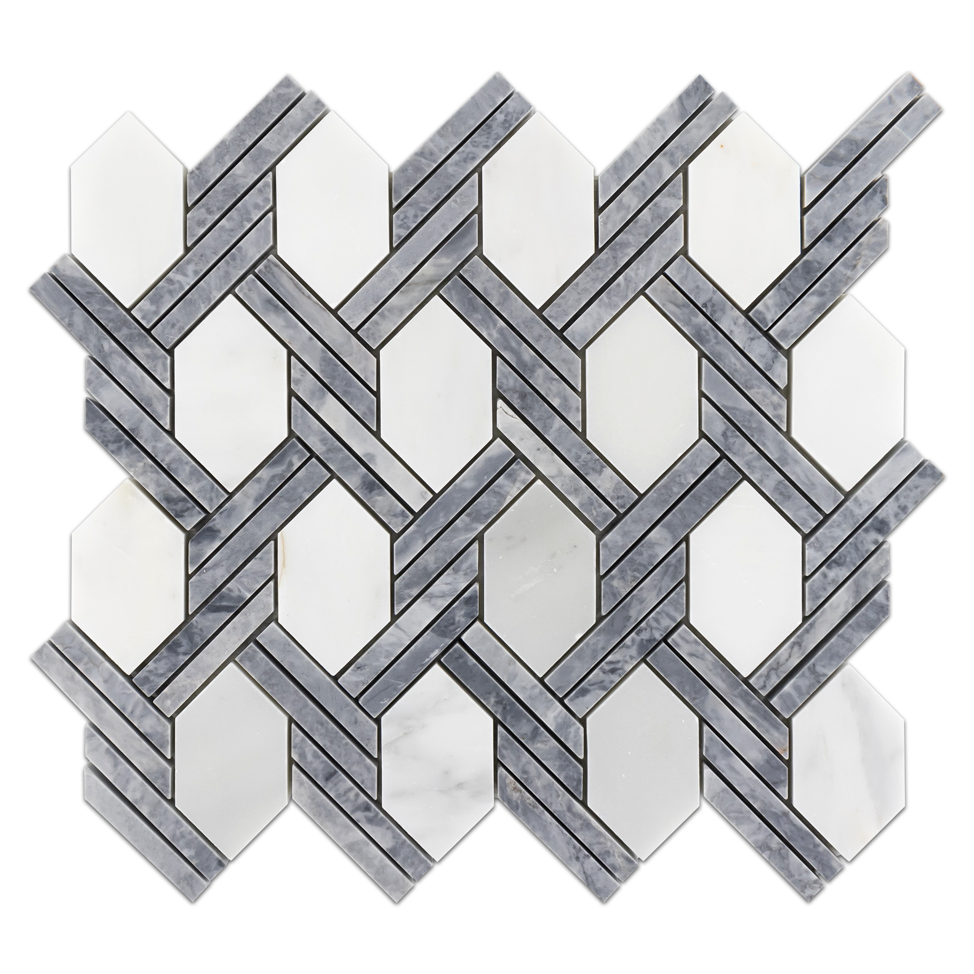 Elon Pacific Gray Pearl White Marble Braided Picket Field Mosaic 11.625x12.875x0.375 Polished AM5104P Surface Group International Product