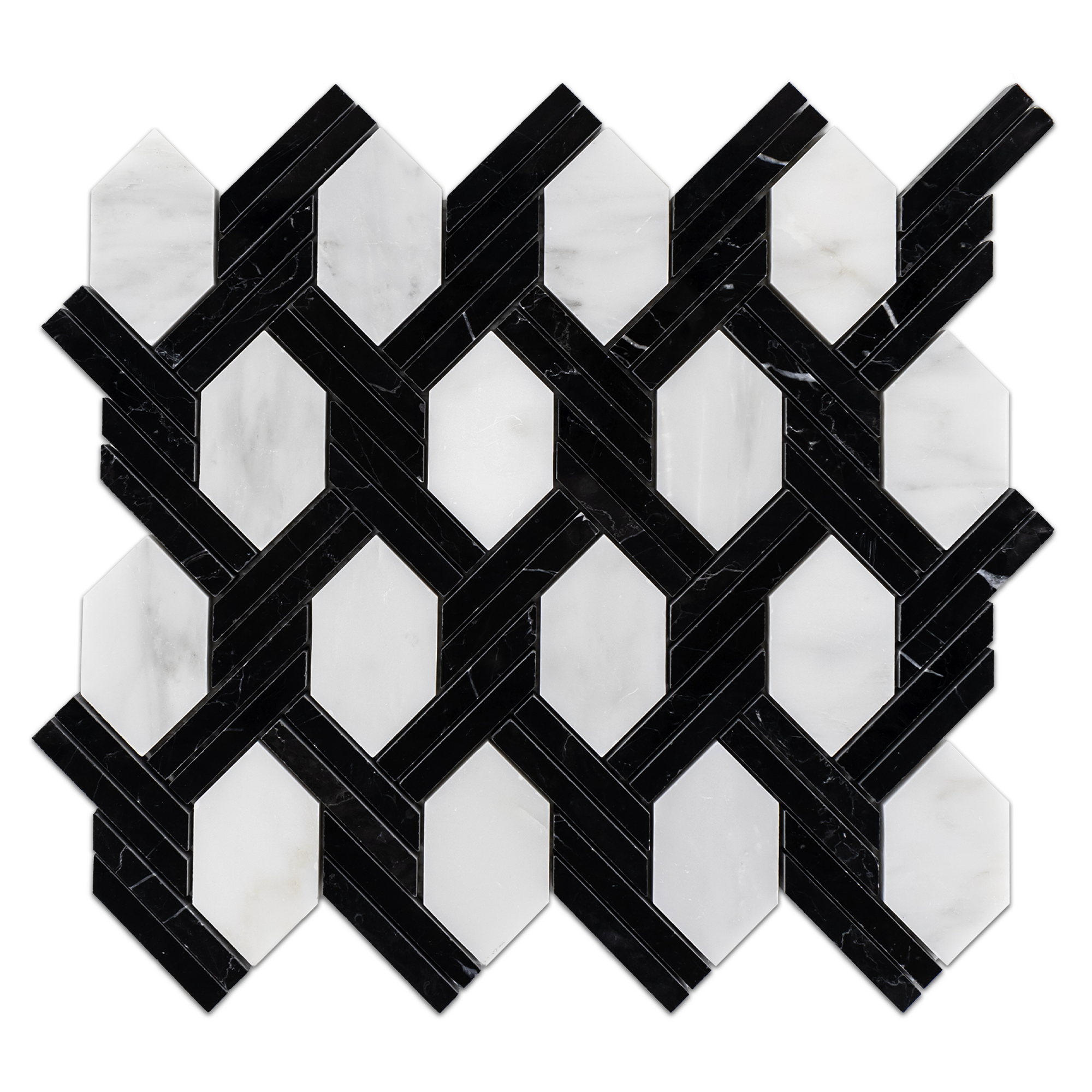 Elon Pearl White Black Marble Braided Picket Field Mosaic 11.625x12.875x0.375 Polished - Surface Group International