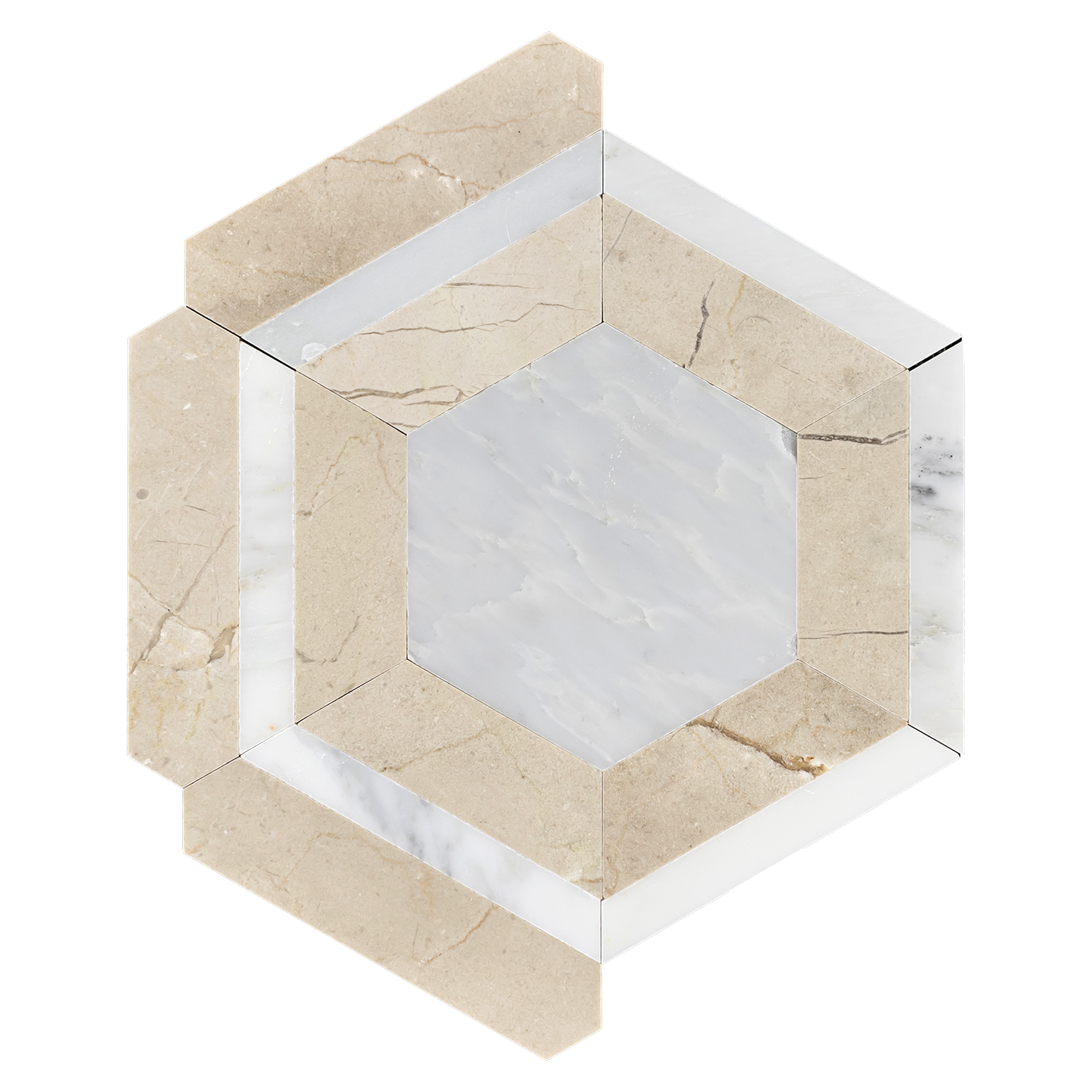 Elon Pearl White Crema Marfil Marble Outlined Hexagon Field Mosaic 11.8125x12.75x0.375 Honed - Surface Group International Product