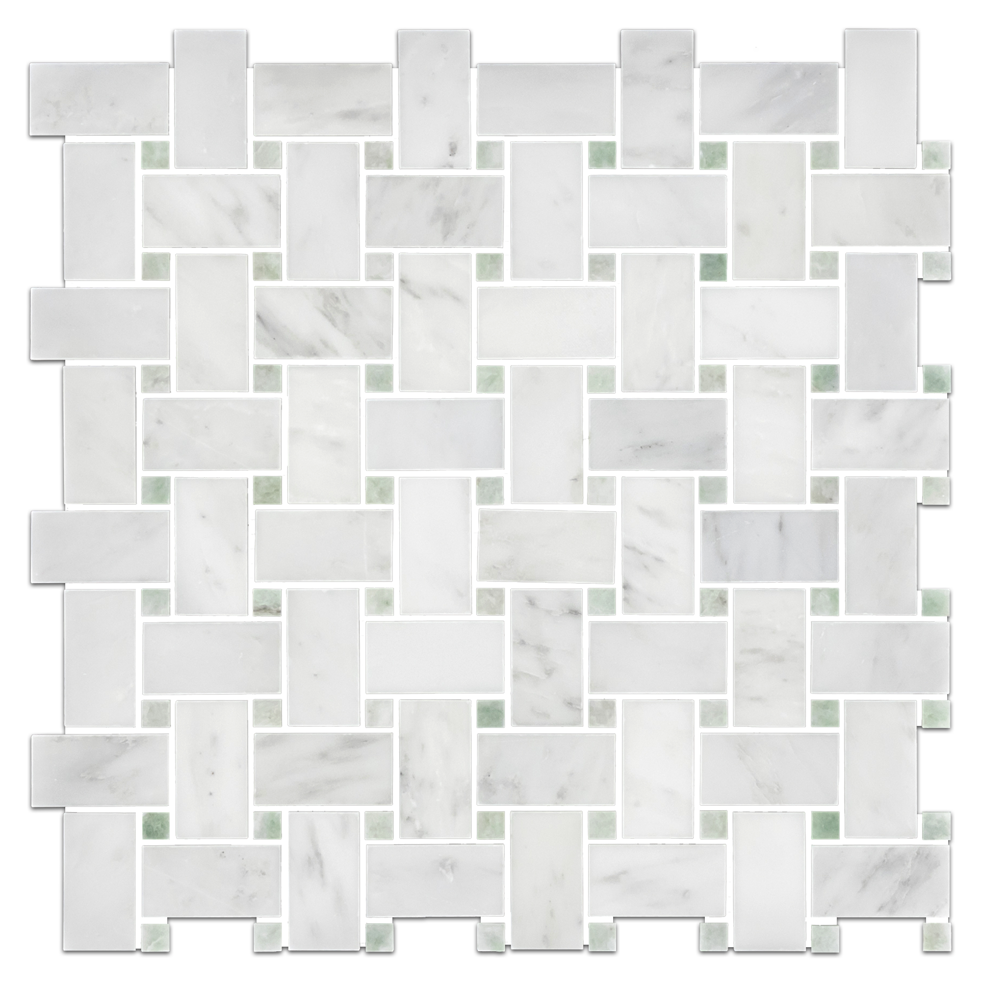Elon Pearl White Ming Green Marble Stone Blend Basketweave Field Mosaic 12x12x0.375 Polished - Surface Group International Product