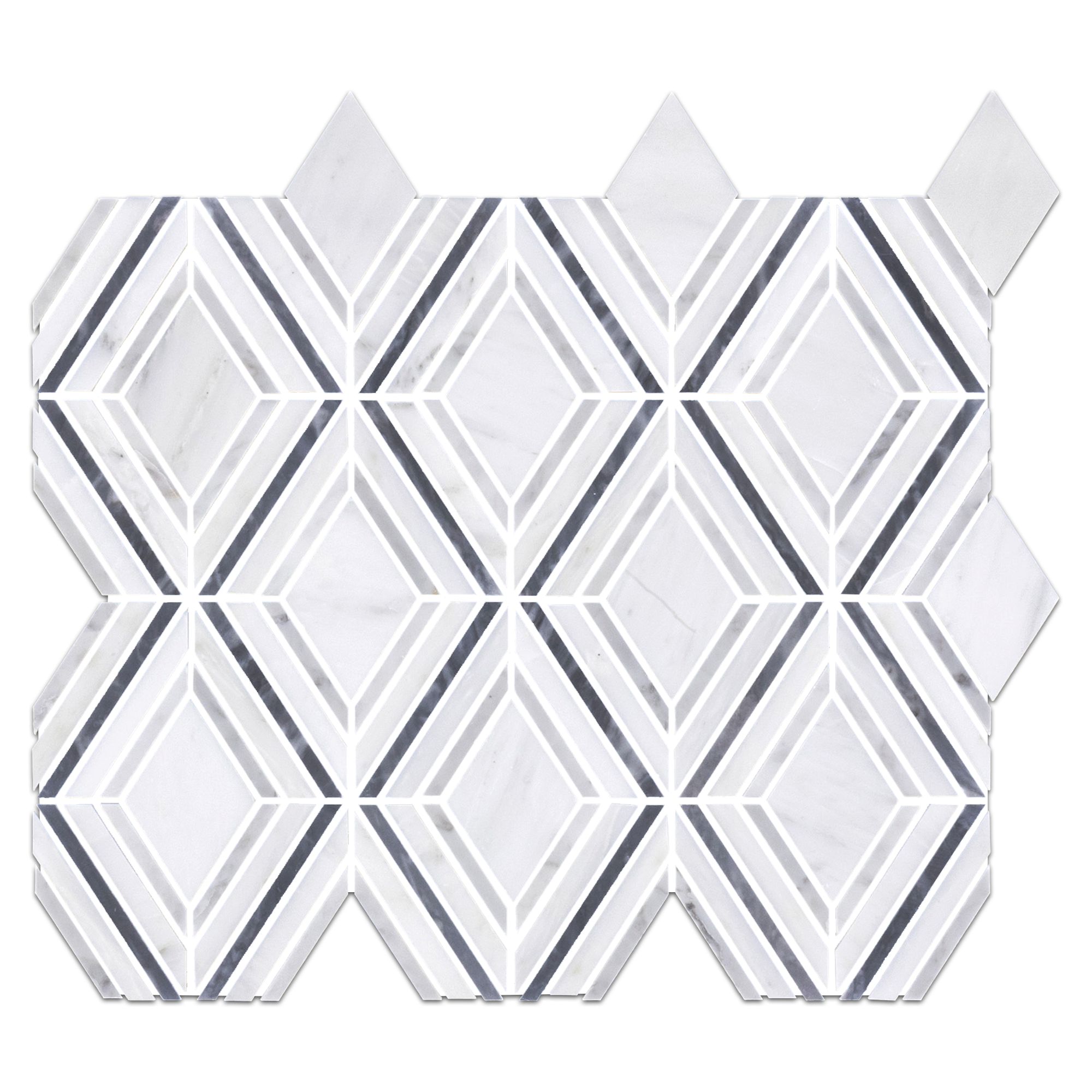 Elon Pearl White, Mystic Gray, Bardiglio Nuvolato Marble Outlined Rhomboid Field Mosaic 11.125x13x0.375 Honed - Surface Group International Product