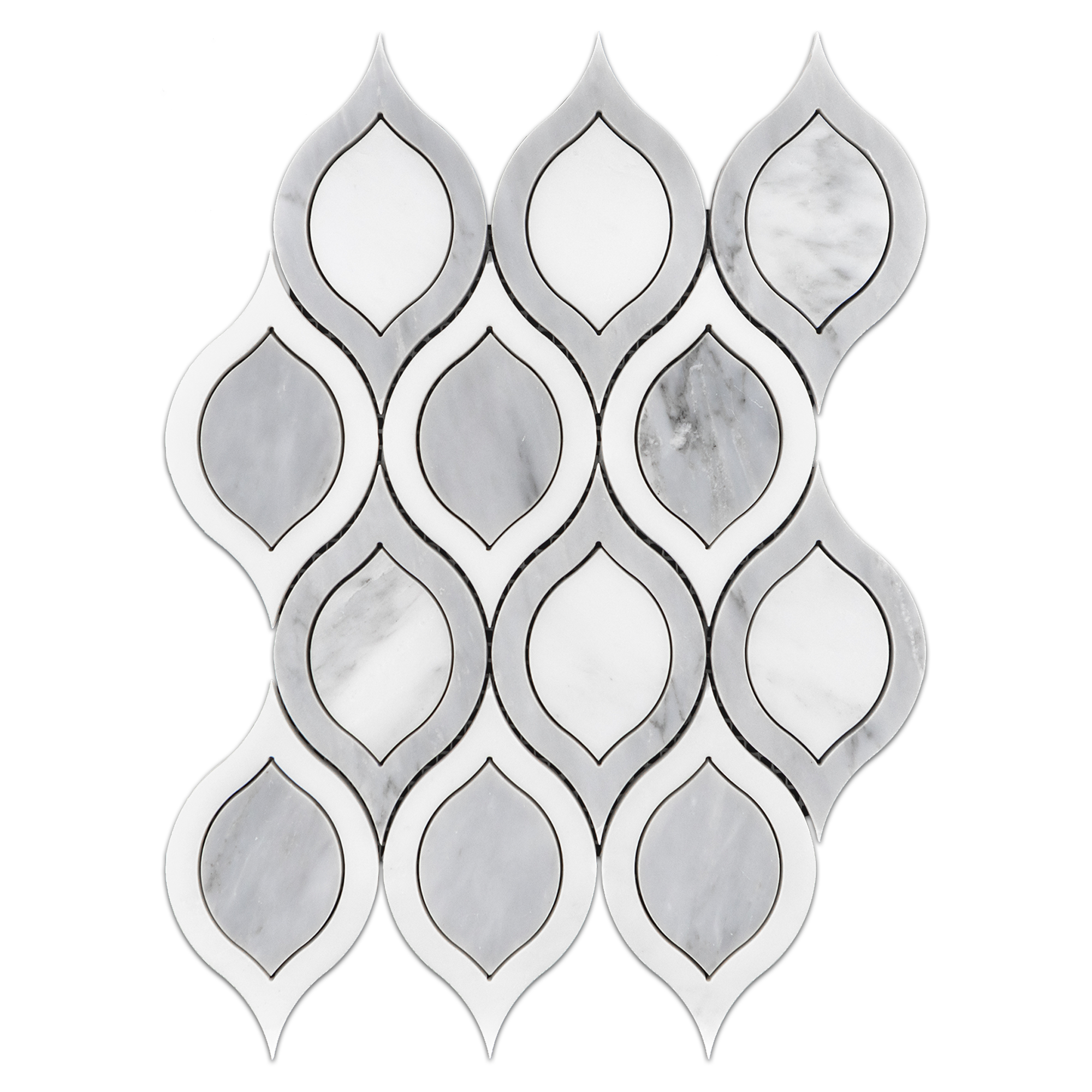 Elon Pearl White Mystic Gray Marble Rain Drop Field Mosaic 9.125x11.75x0.375 Polished Tile - Surface Group Online