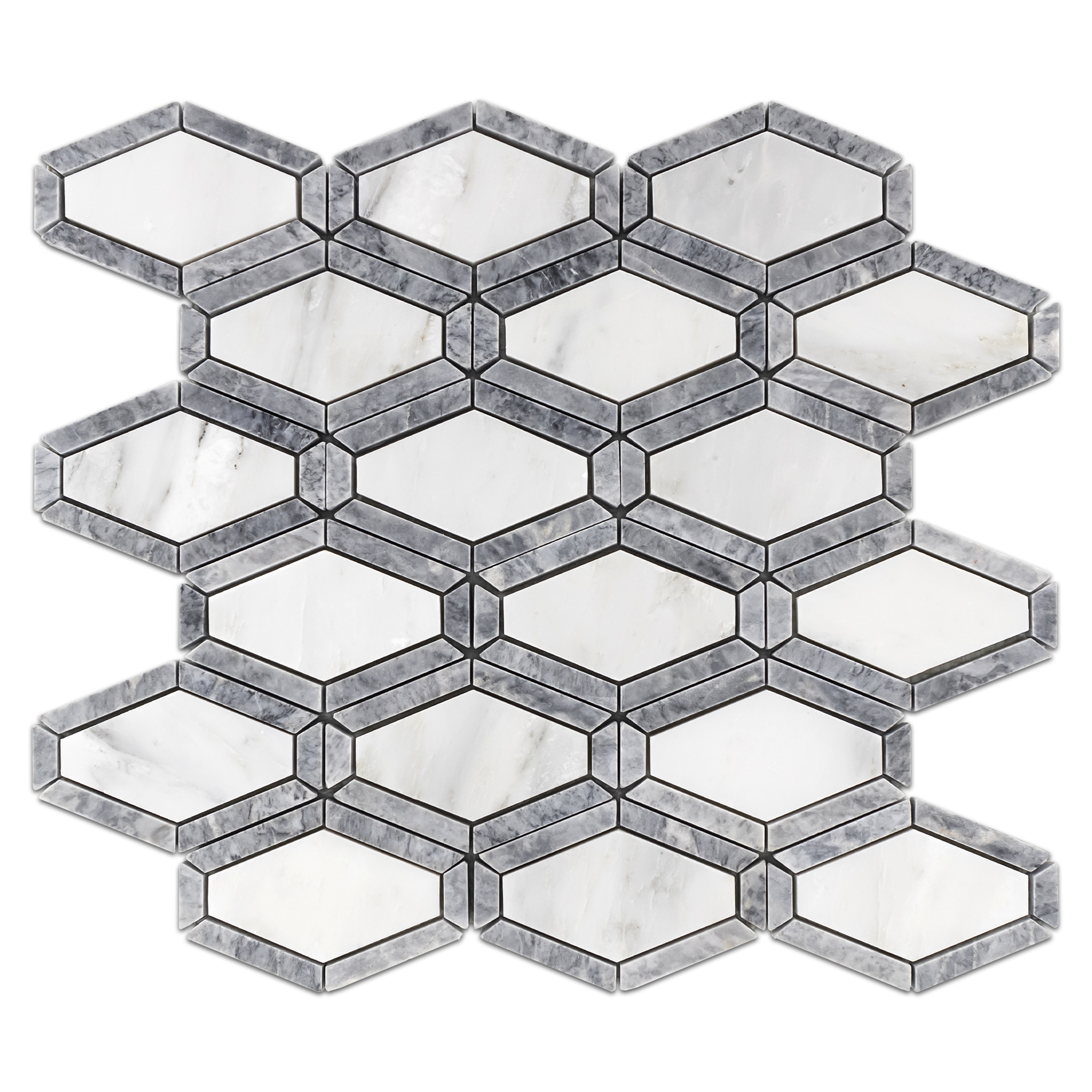Elon Pearl White Pacific Gray Marble Framed Long Hex Field Mosaic 12.75x13.375x0.375 Honed AM8636H Surface Group International Product