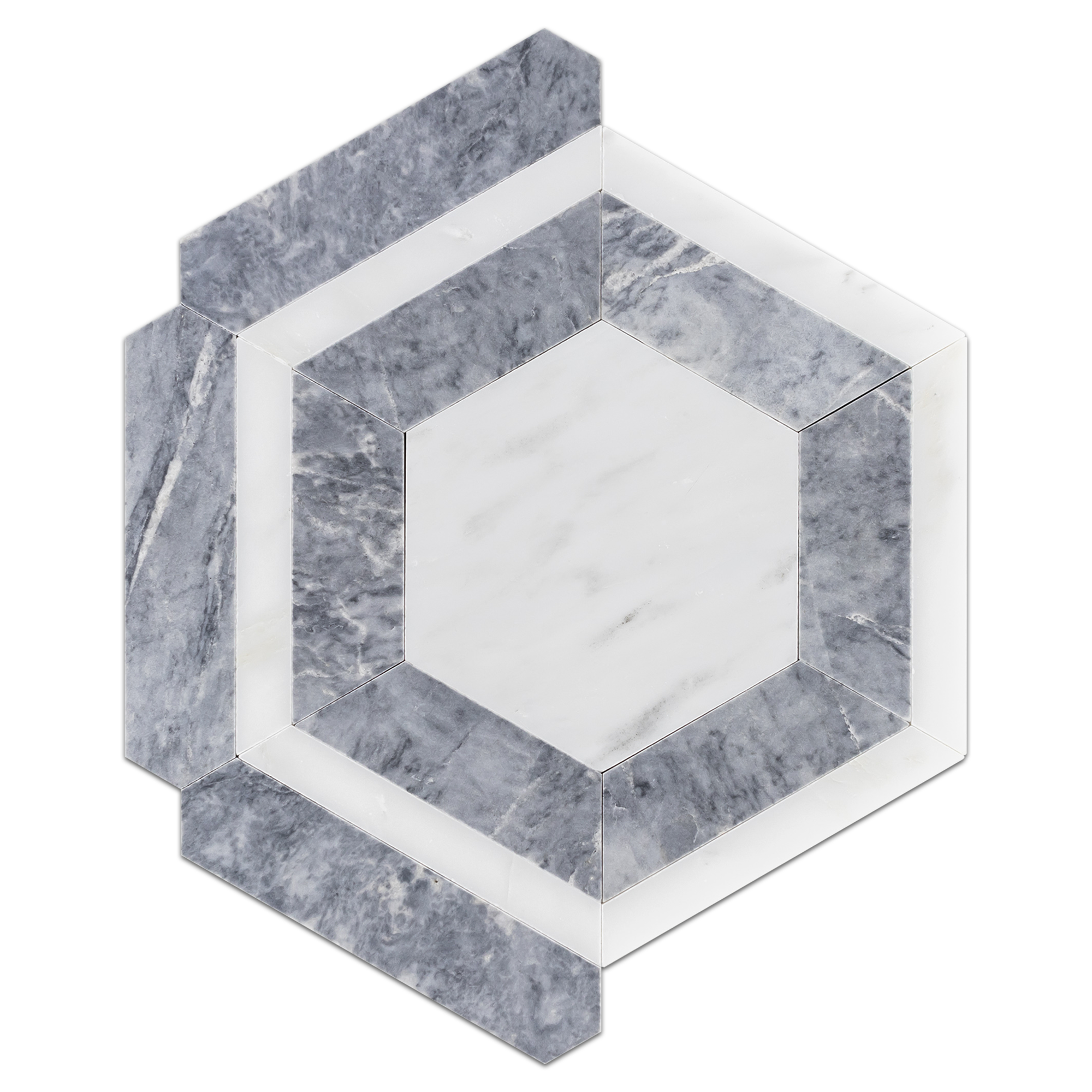 Elon Pearl White Pacific Gray Marble Outlined Hexagon Field Mosaic 11.8125x12.75x0.375 Honed - Surface Group International Product