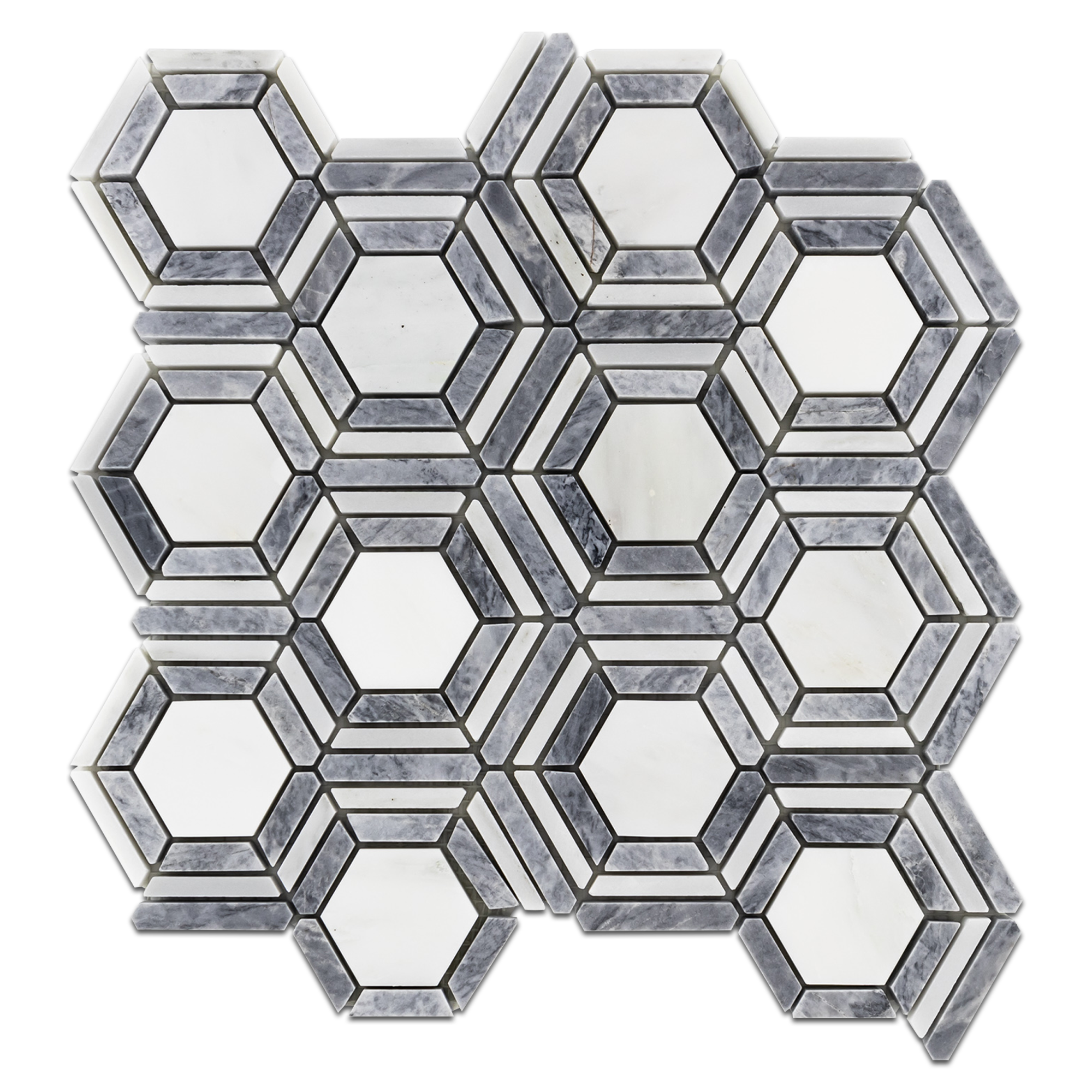 Elon Pearl White Pacific Gray Marble Outlined Hexagon Field Mosaic 12.125x12.1875x0.375 Honed - Surface Group International Product