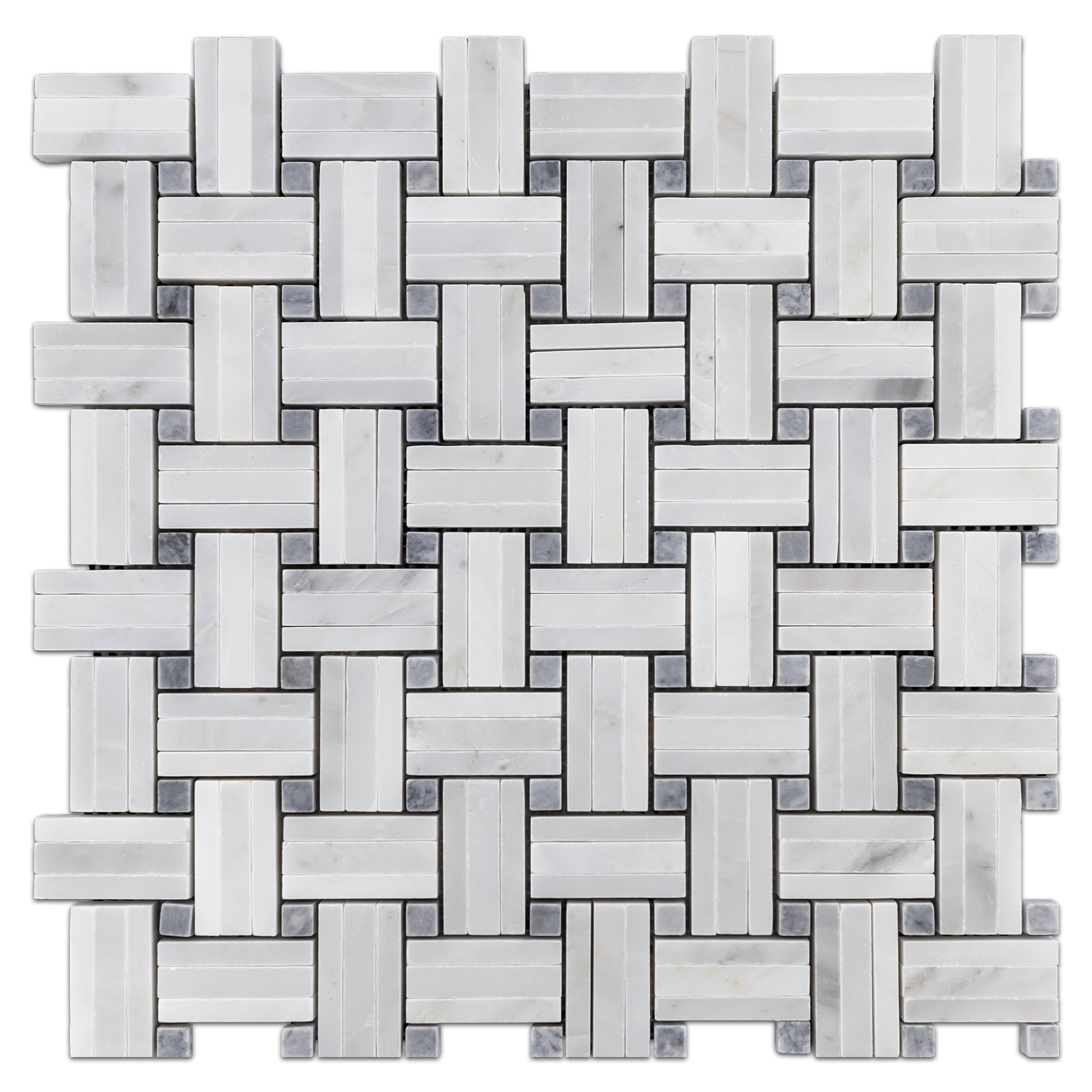 Elon Pearl White Pacific Gray Marble Tri Weave Basketweave Field Mosaic 12x12x0.375 Honed - Surface Group Online Tile Store