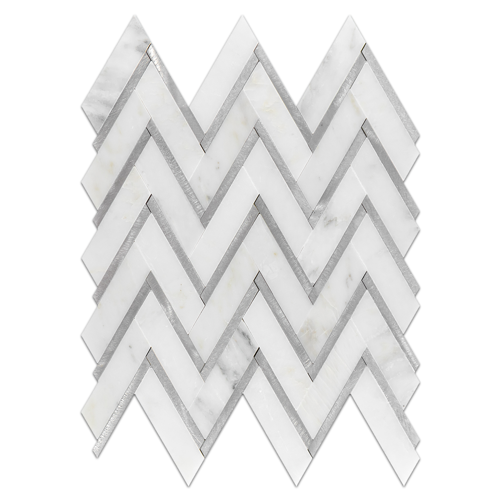 Elon Pearl White Silver Aluminum Marble Outlined Herringbone Field Mosaic Tile 11x13x0.375 Polished - Surface Group International