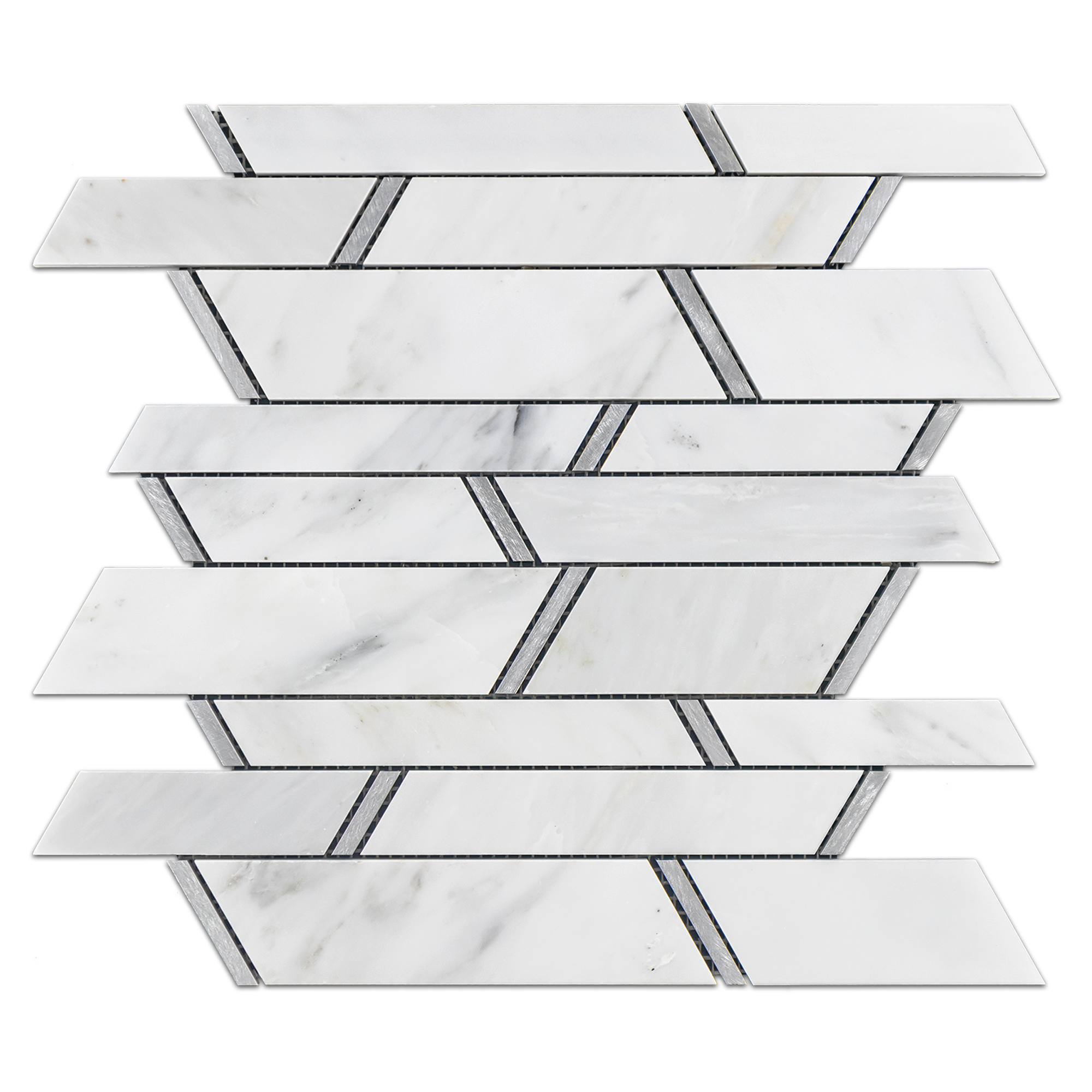 Elon Pearl White Silver Aluminum Marble Outlined Random Strip Field Mosaic Tile 12x12 Polished - Surface Group International