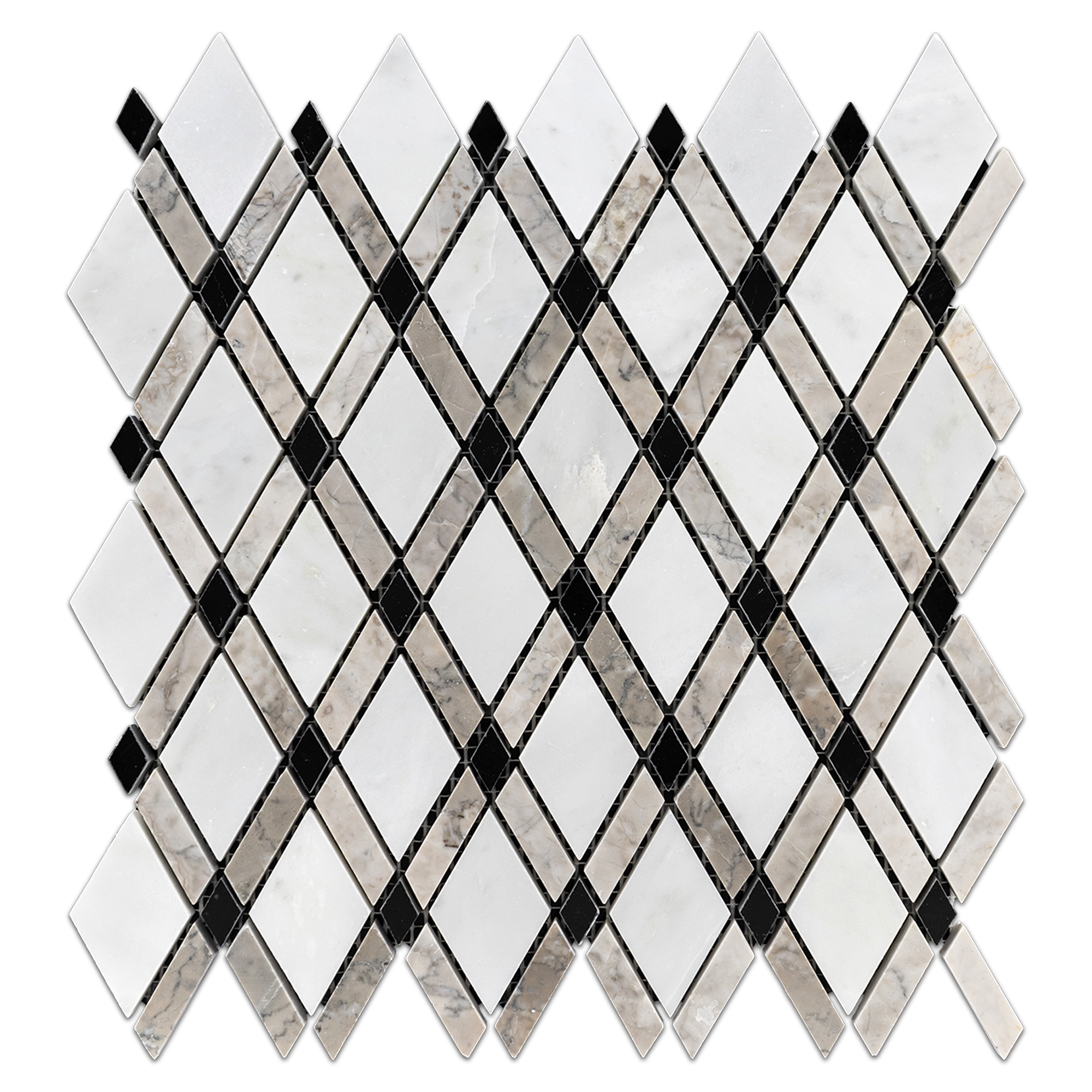 Elon Temple Grey Absolute White Black Marble Outlined Rhomboid Field Mosaic 10.4375x10.75x0.375 Polished - Surface Group International Product