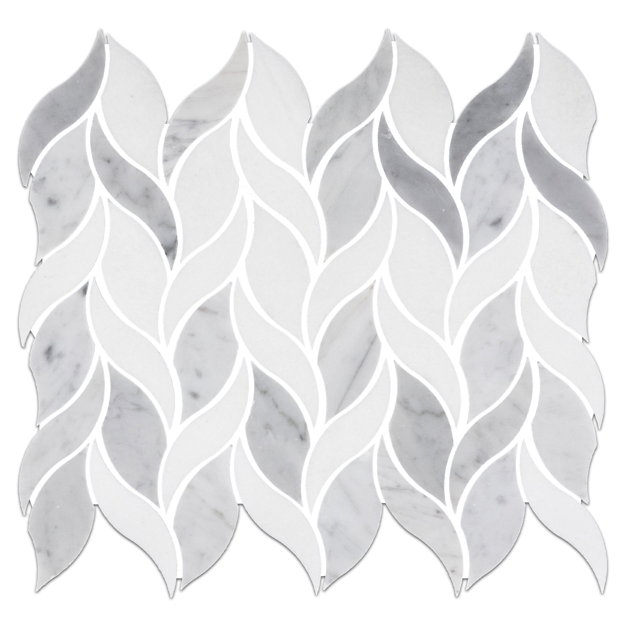 Elon White Thassos Bianco Carrara Marble Leaf Chevron Field Mosaic 11.25x13.25x0.375 Honed - Surface Group International Product