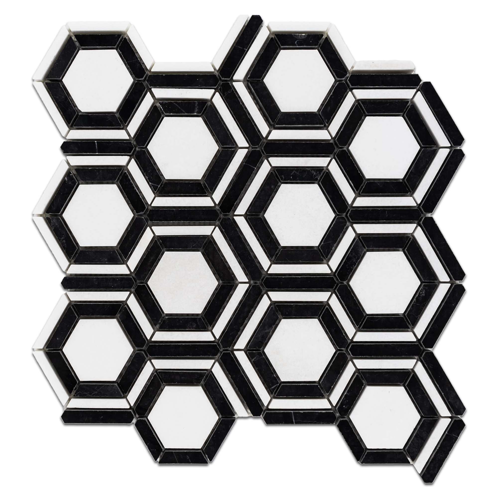 Elon White Thassos Black Marble Outlined Hexagon Field Mosaic 12.125x12.1875x0.375 Polished AM9060P Surface Group International Product