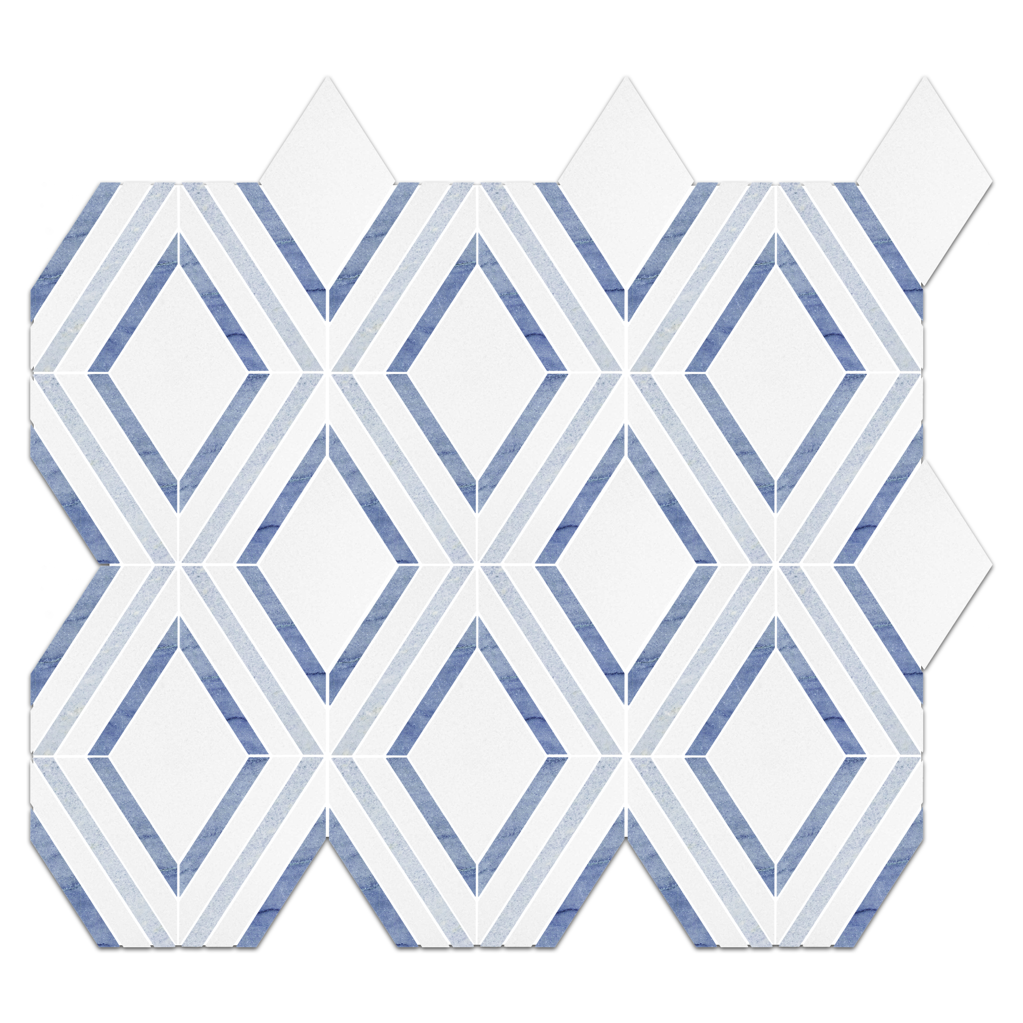 Elon White Thassos Blue Celeste Azul Macauba Marble Outlined Rhomboid Field Mosaic 11.125x13x0.375 Honed - Surface Group International Product