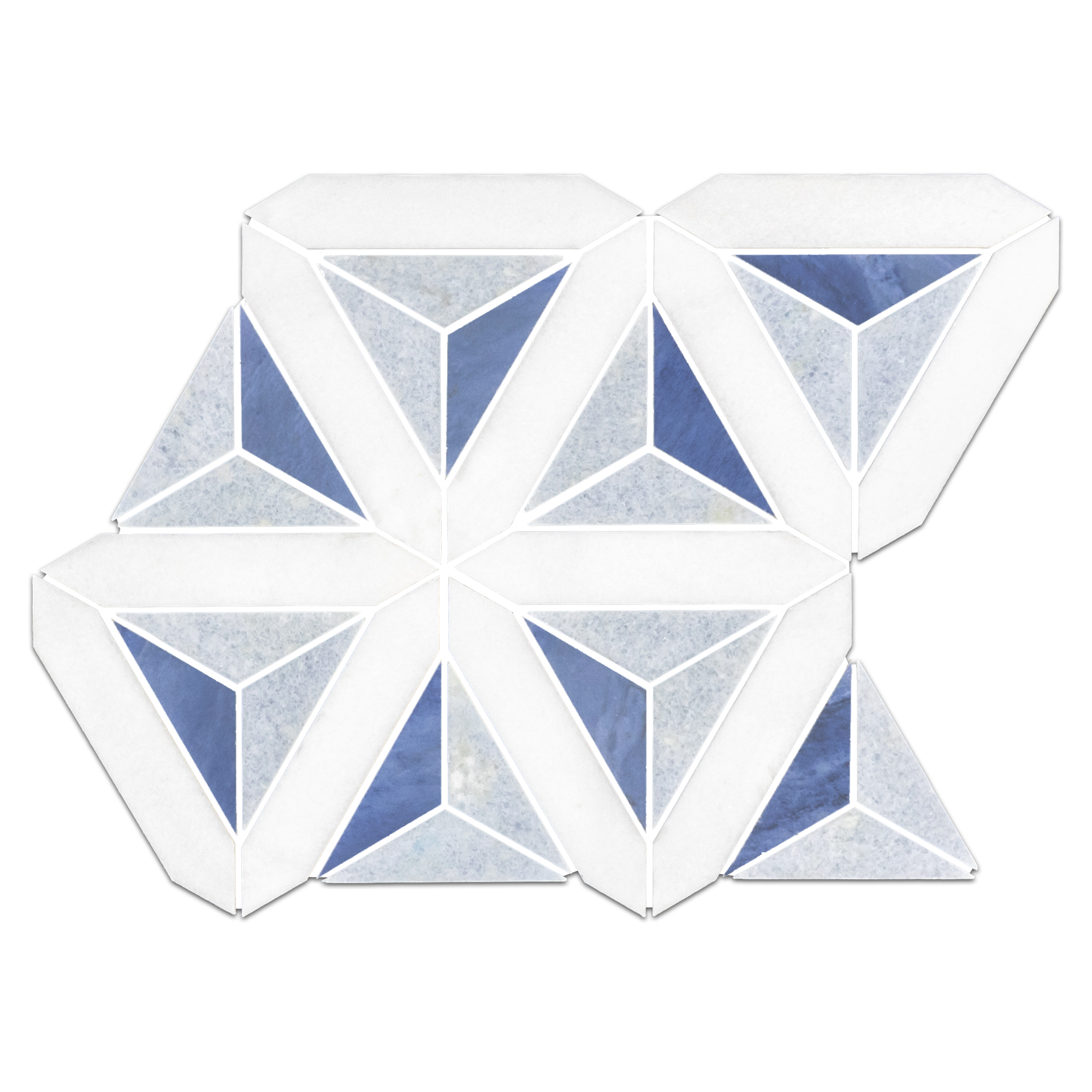 Elon White Thassos Blue Celeste Azul Macauba Marble Outlined Triangular Field Mosaic 10.375x12x0.375 Honed - Surface Group International Product