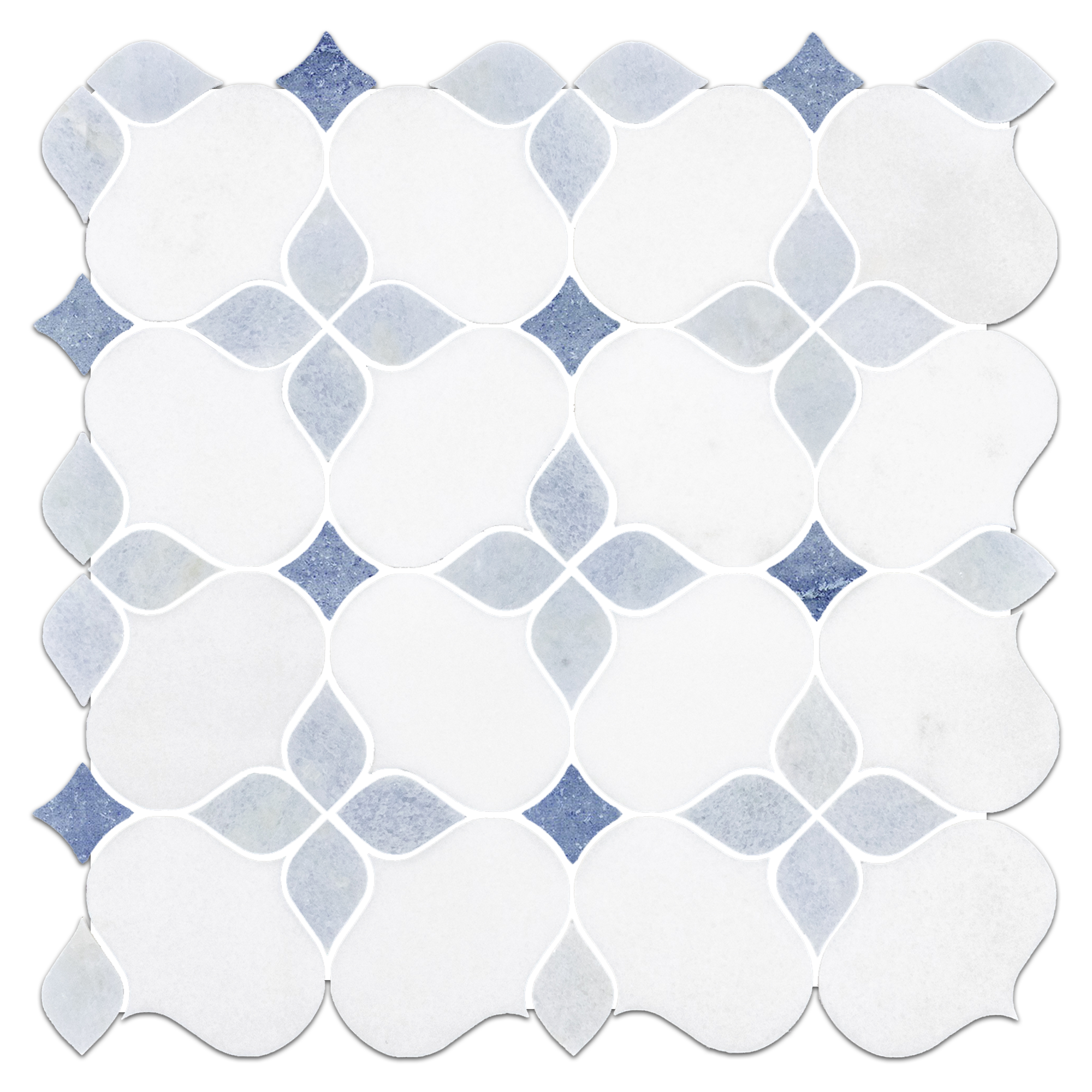Elon White Thassos Blue Celeste Azul Macauba Marble Silhouette Field Mosaic 11.6875x11.6875x0.375 Honed AM7294H Surface Group International Product