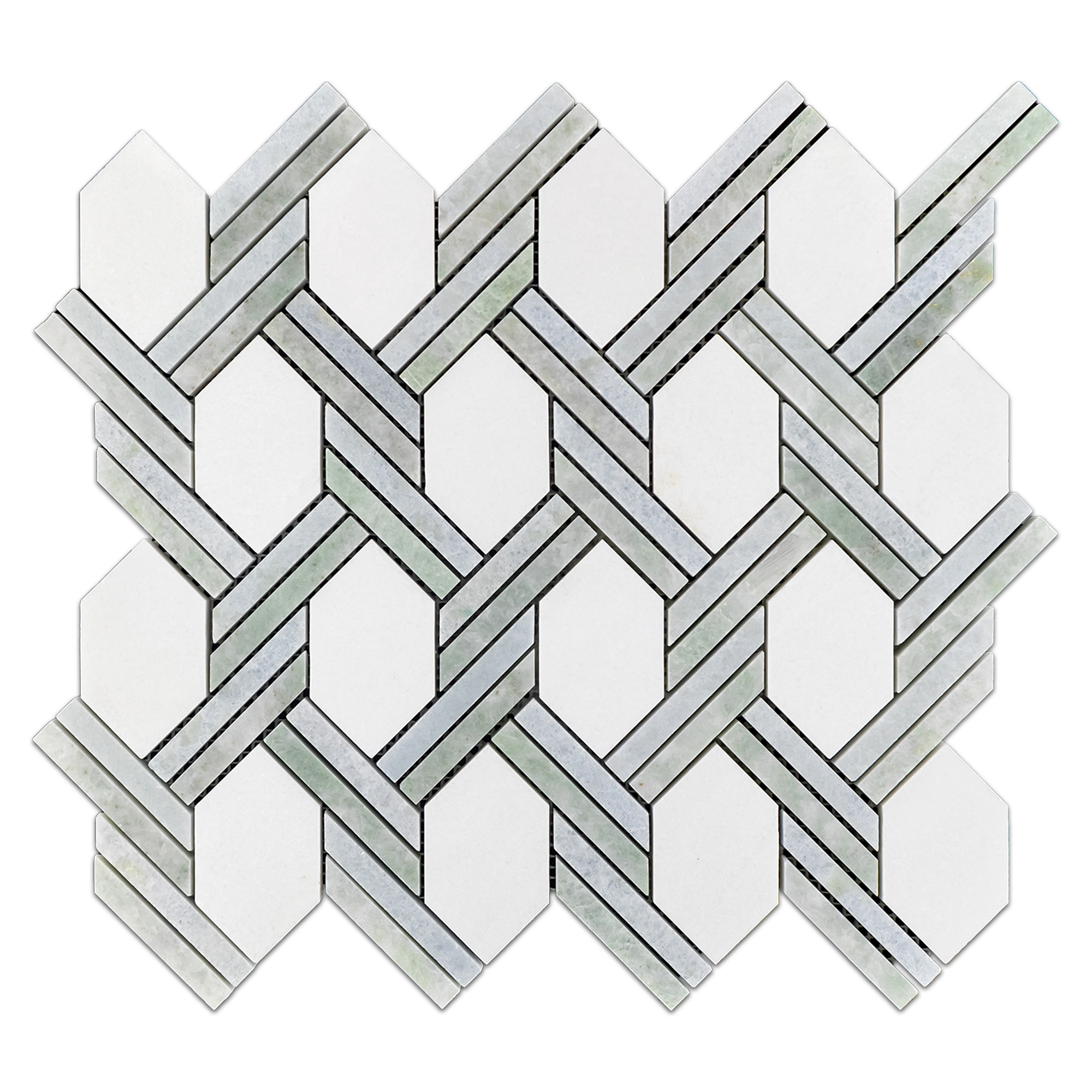 Elon White Thassos Blue Celeste Ming Green Marble Braided Picket Field Mosaic 11.625x12.875x0.375 Polished - Surface Group International Product