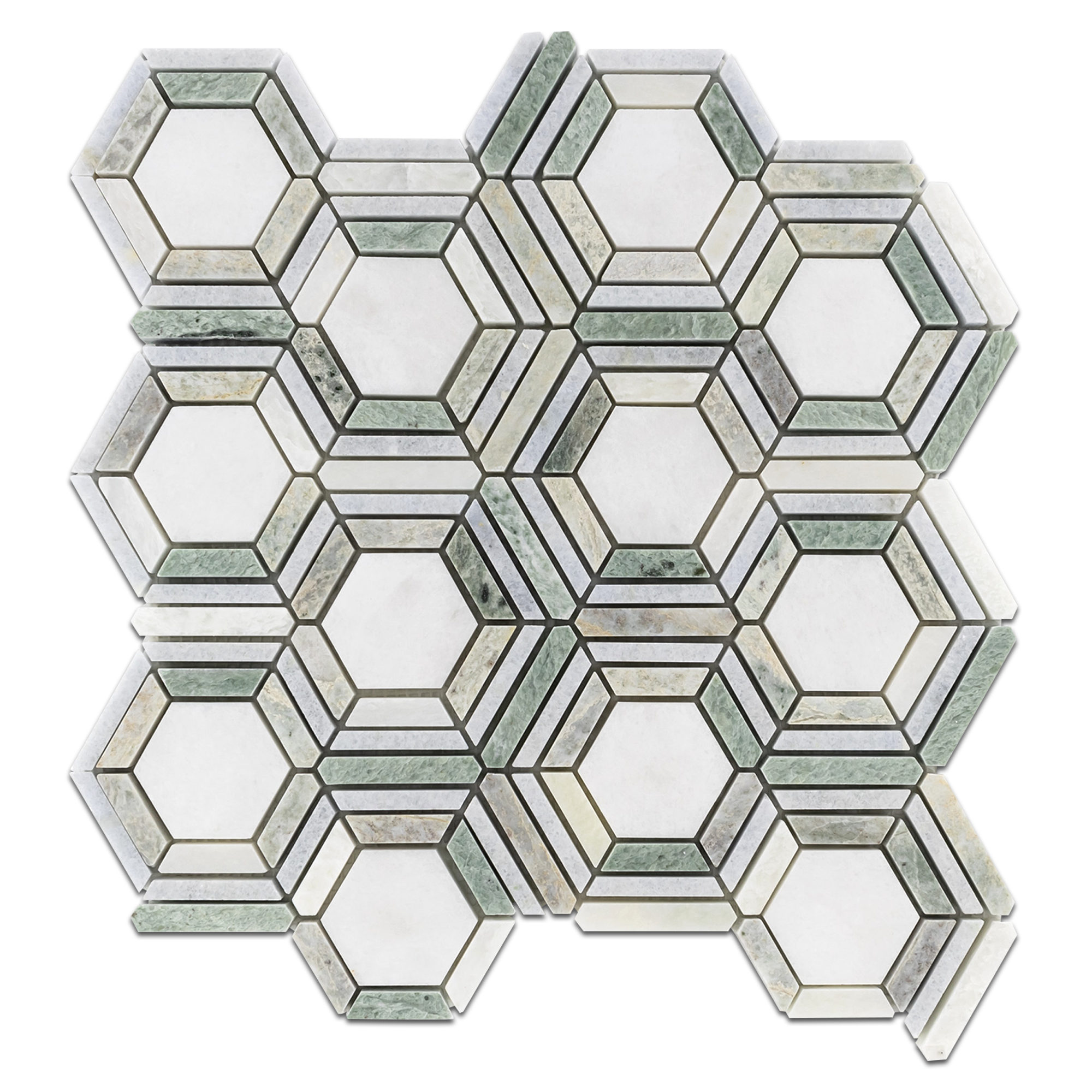 Elon White Thassos Blue Celeste Ming Green Marble Outlined Hexagon Field Mosaic 12.125x12.1875x0.375 Polished AM9061P Surface Group International Product