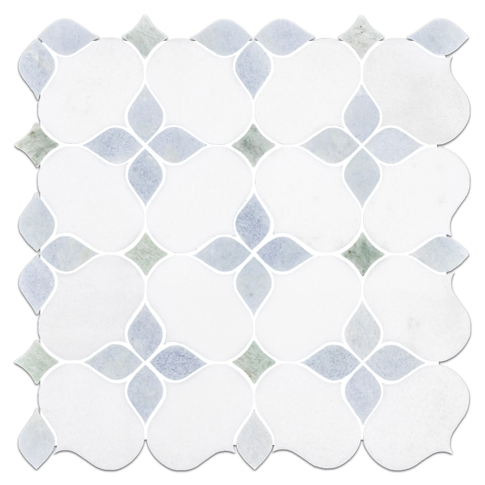 Elon White Thassos Blue Celeste Ming Green Marble Silhouette Field Mosaic 11.6875x11.6875x0.375 Polished - Surface Group International