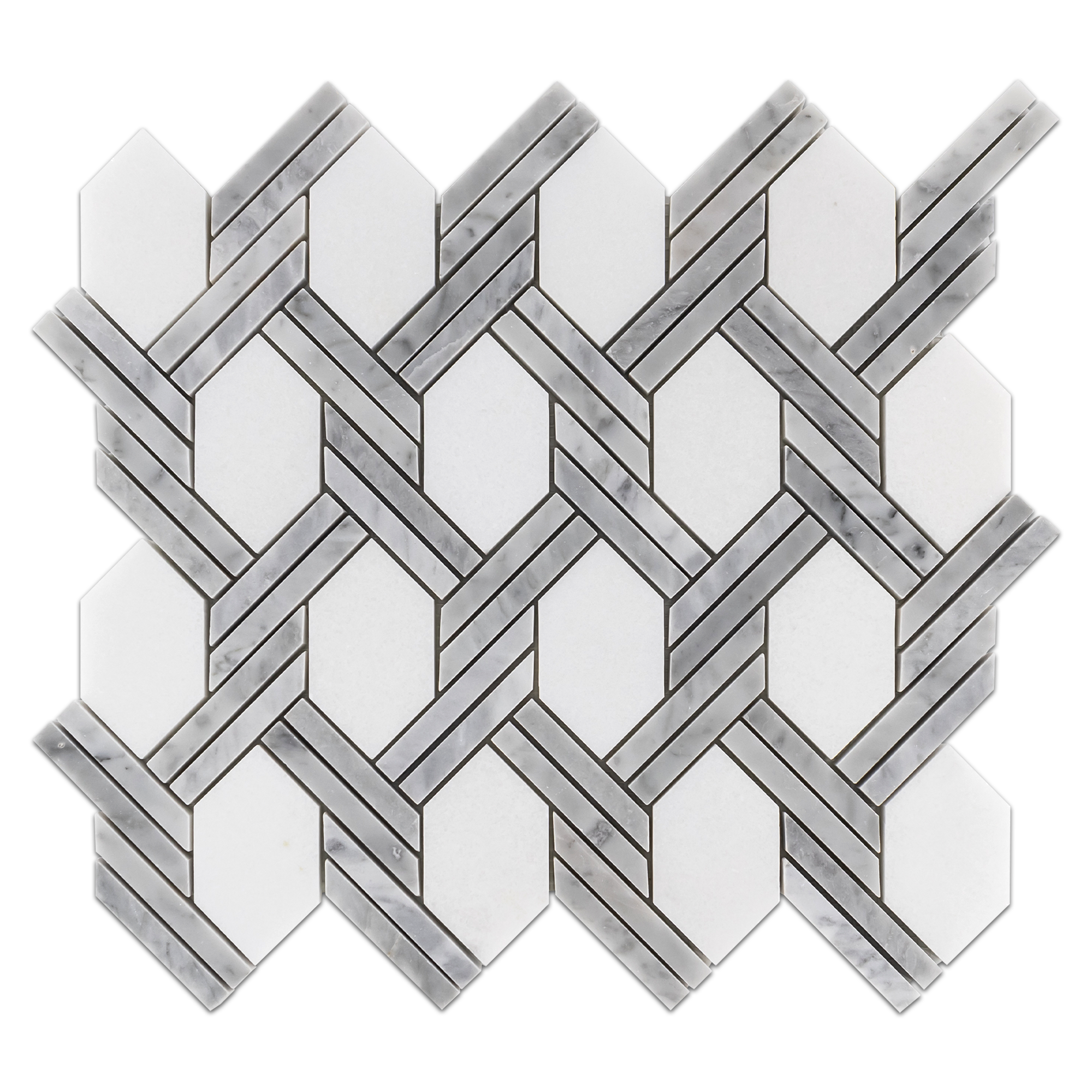 Elon White Thassos Carrara Dark Marble Braided Picket Field Mosaic 11.625x12.875x0.375 Polished - Surface Group Online Tile Store