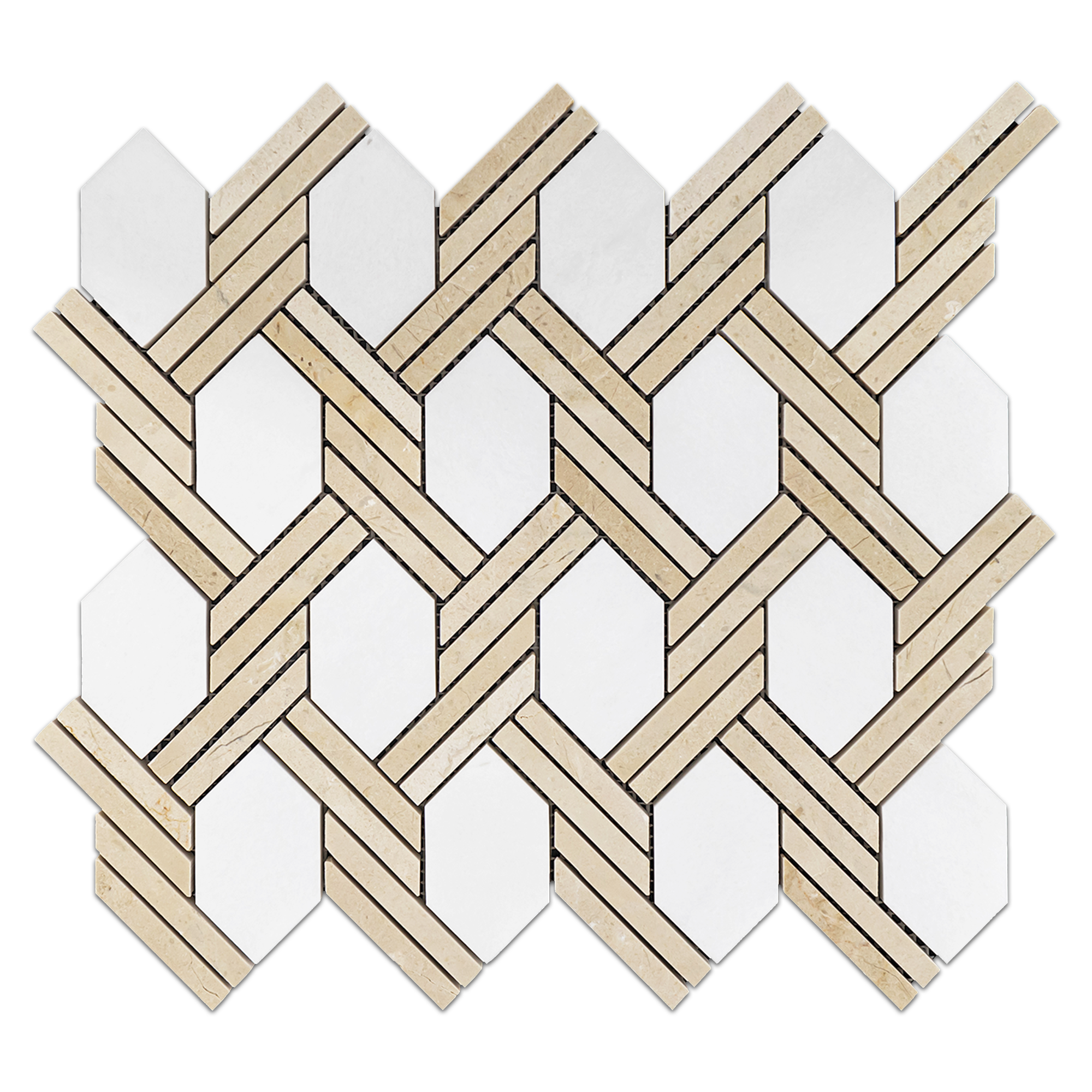 Elon White Thassos Crema Marfil Marble Braided Picket Field Mosaic 11.625x12.875x0.375 Polished - Surface Group International Product