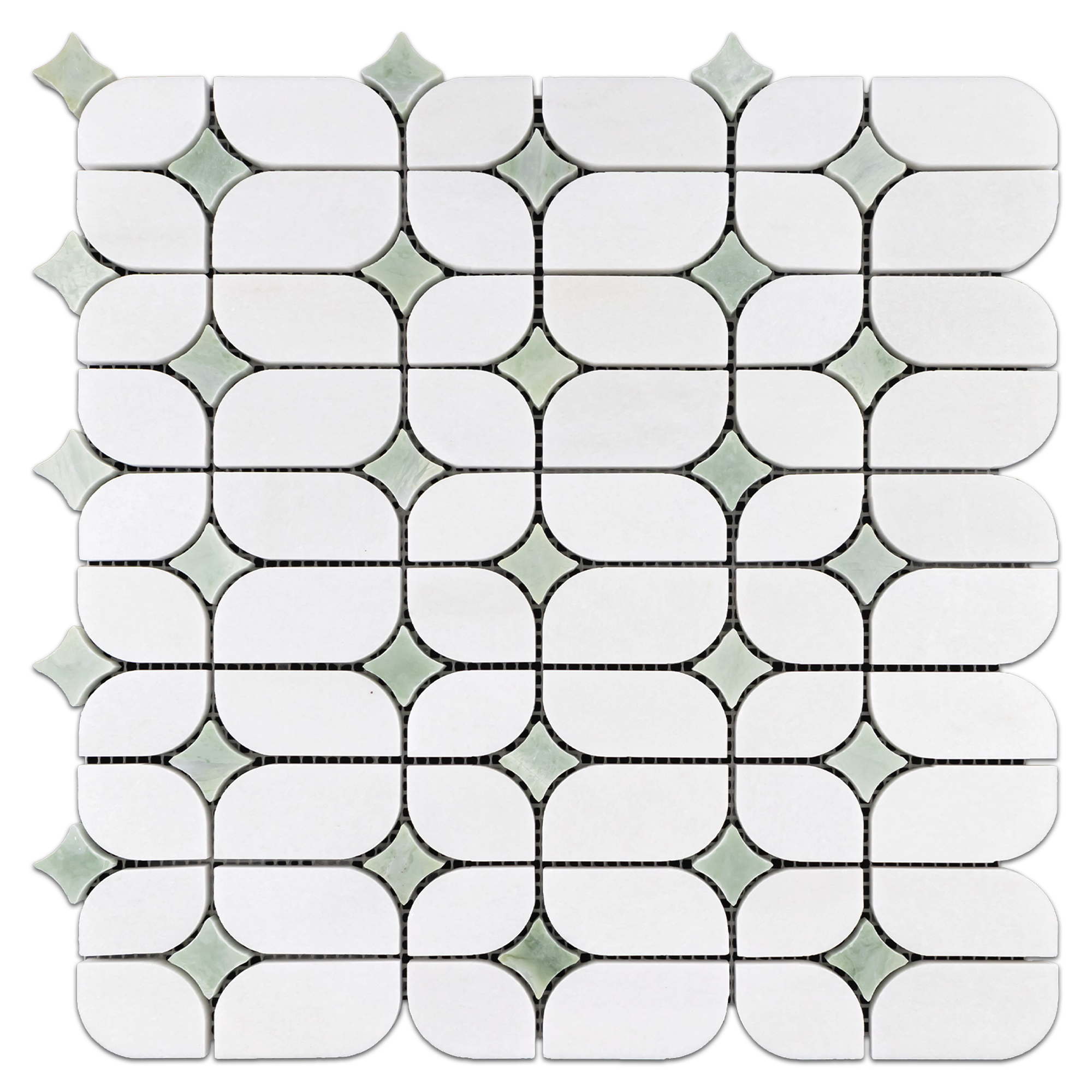 Elon White Thassos Ming Green Marble Starlight Field Mosaic 12x12x0.375 Polished Tile - Surface Group International Product