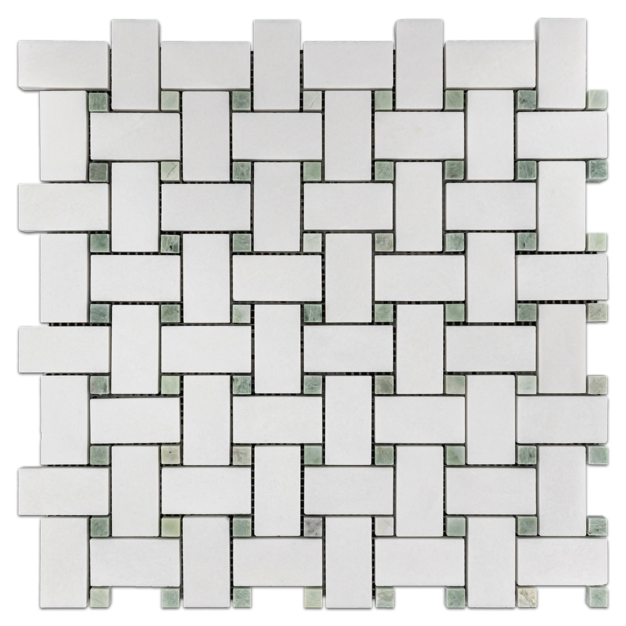 Elon White Thassos Ming Green Marble Stone Blend Basketweave Field Mosaic 12x12x0.375 Polished - Surface Group International Product