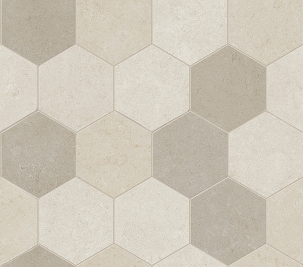 landmark 9mm frame hexagon multi_ light mos d hexagon mosaic 12x10x9mm matte rectified porcelain tile distributed by surface group international