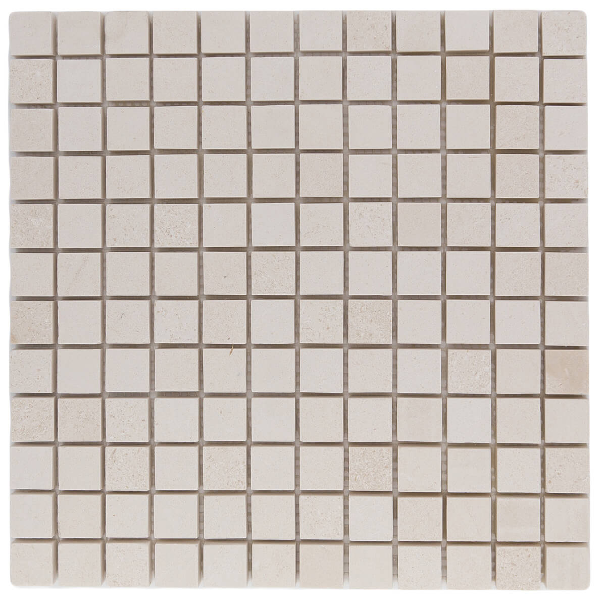 Champagne limestone mosaic tiles, 12x12x0.375 inches, honed finish, straight edges, straight-stack pattern, 1x1 pattern size, versatile interlocking shape.