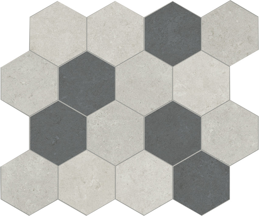 landmark 9mm frame hexagon multi_ dark mos d hexagon mosaic 12x10x9mm matte rectified porcelain tile distributed by surface group international
