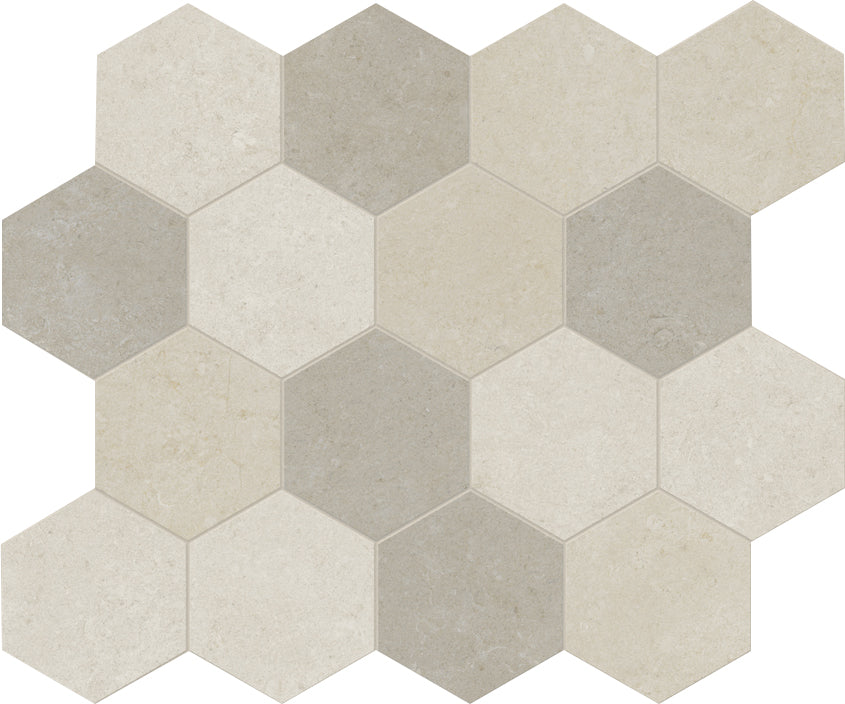 landmark 9mm frame hexagon multi_ light mos d hexagon mosaic 12x10x9mm matte rectified porcelain tile distributed by surface group international