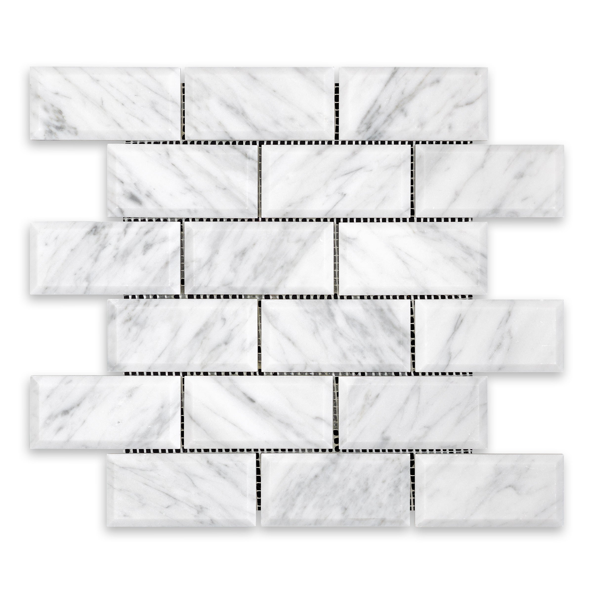 WHITE CARRARA: Marble Beveled 2"x4" Staggered Joint Mosaic (11 7/8"x11 7/8"x3/8" | Honed)